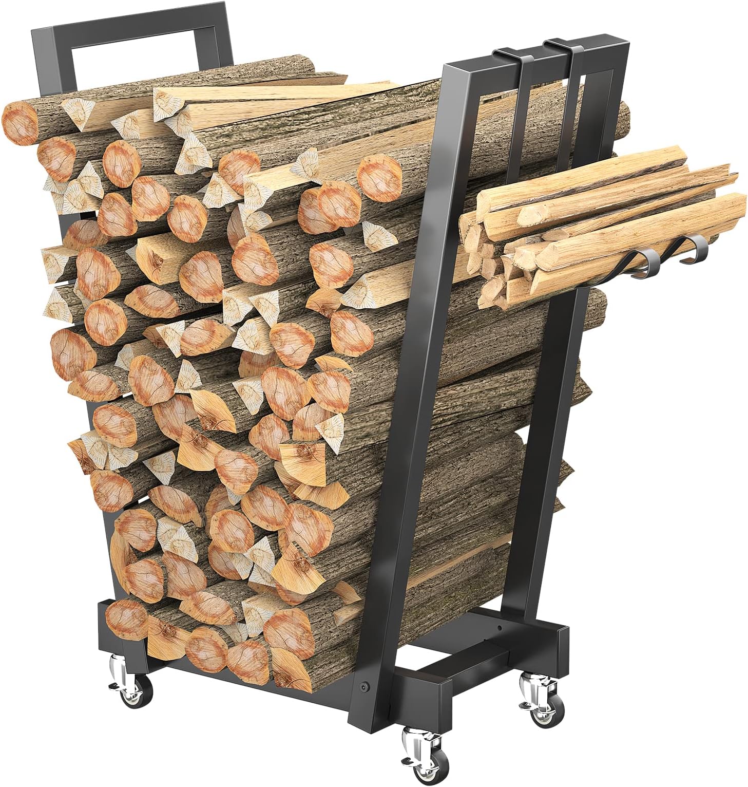 Unikito Firewood Rack Outdoor, Fireplace Wood Log Rack Indoor, Firewood Holder with Kindling Rack and Wheels, Heavy Duty Logs Holder Stand for Patio, Wood Pile Storage Stacker Organizer, Matte Black