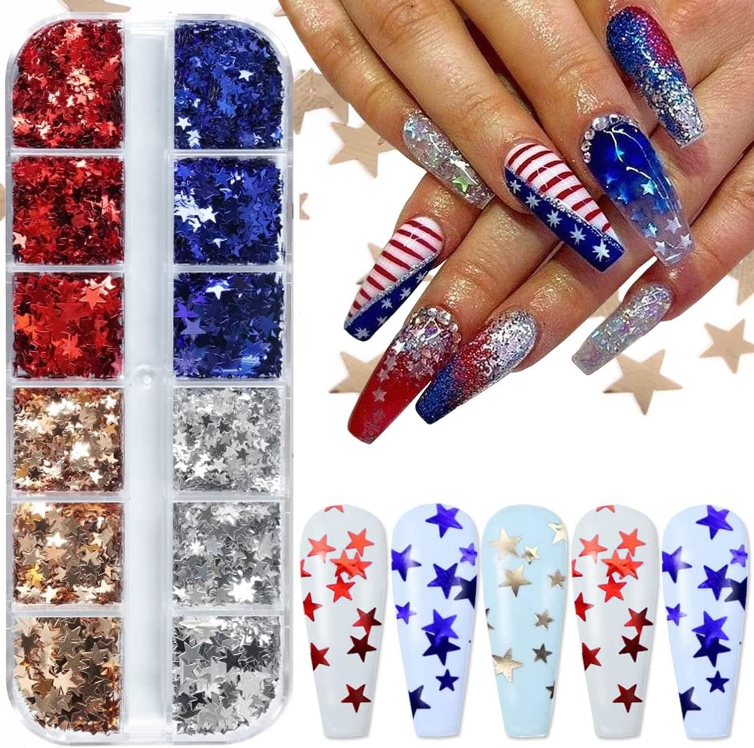 4th of July Nail Art Glitters Sequins 3D Holographic Star Nail Sequins Red Blue White Nail Glitter Independence Day Nail Stickers Flakes Design