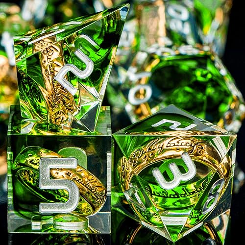 Miniatura 7 de LOTR - Juego de dados de El Señor de los Anillos con caja de dados, de resina verde, borde afilado D y D, para Calabozos y Dragones, Juego de dados