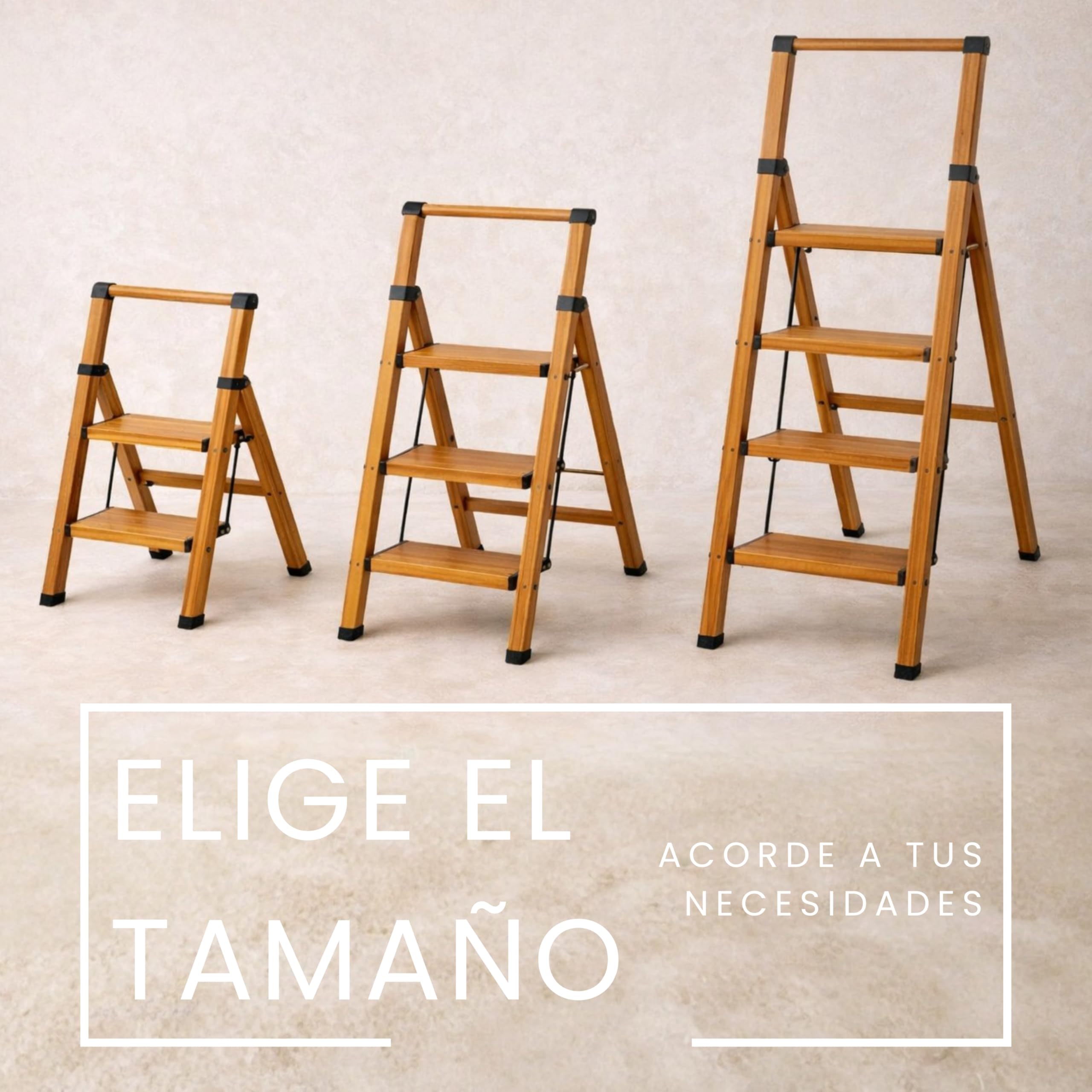 Escalera Plegable de Aluminio Efecto Madera para hogar y Cocina, 2 peldaños, peldaños Anchos Antideslizantes, EN 131