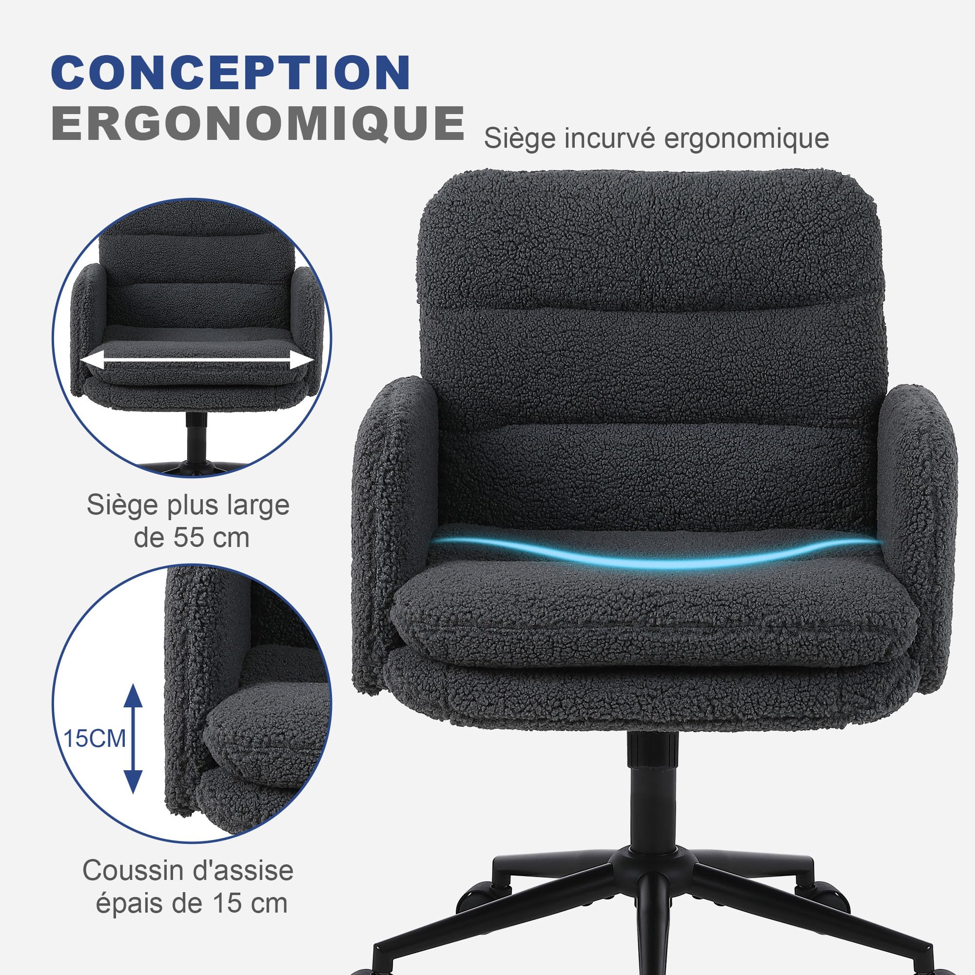 Youhauchair Chaise de Bureau, Imitation Cachemire, Chaise de Maquillage Confortable avec Hauteur réglable, Chaise Ergonomique de Bureau pour la Maison et la Chambre, Gris foncé