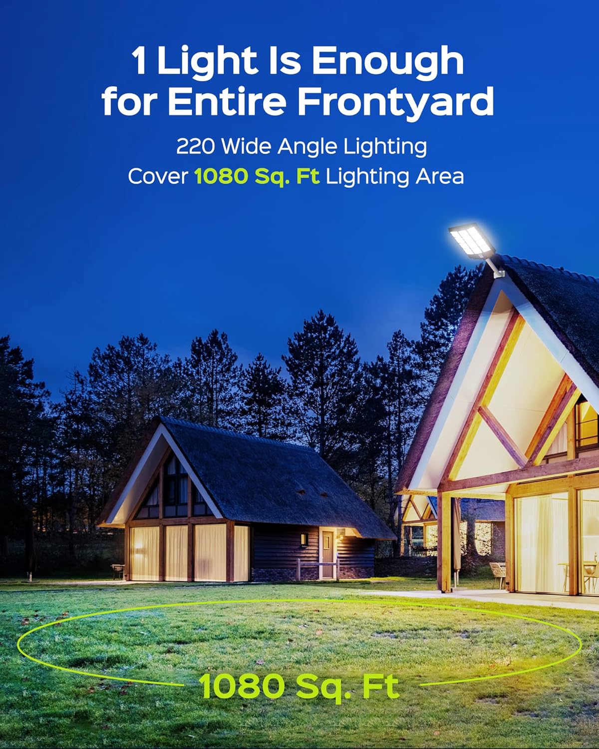 Image showing a house and yard illuminated by a single solar street light, indicating a coverage area of 1080 square feet.
