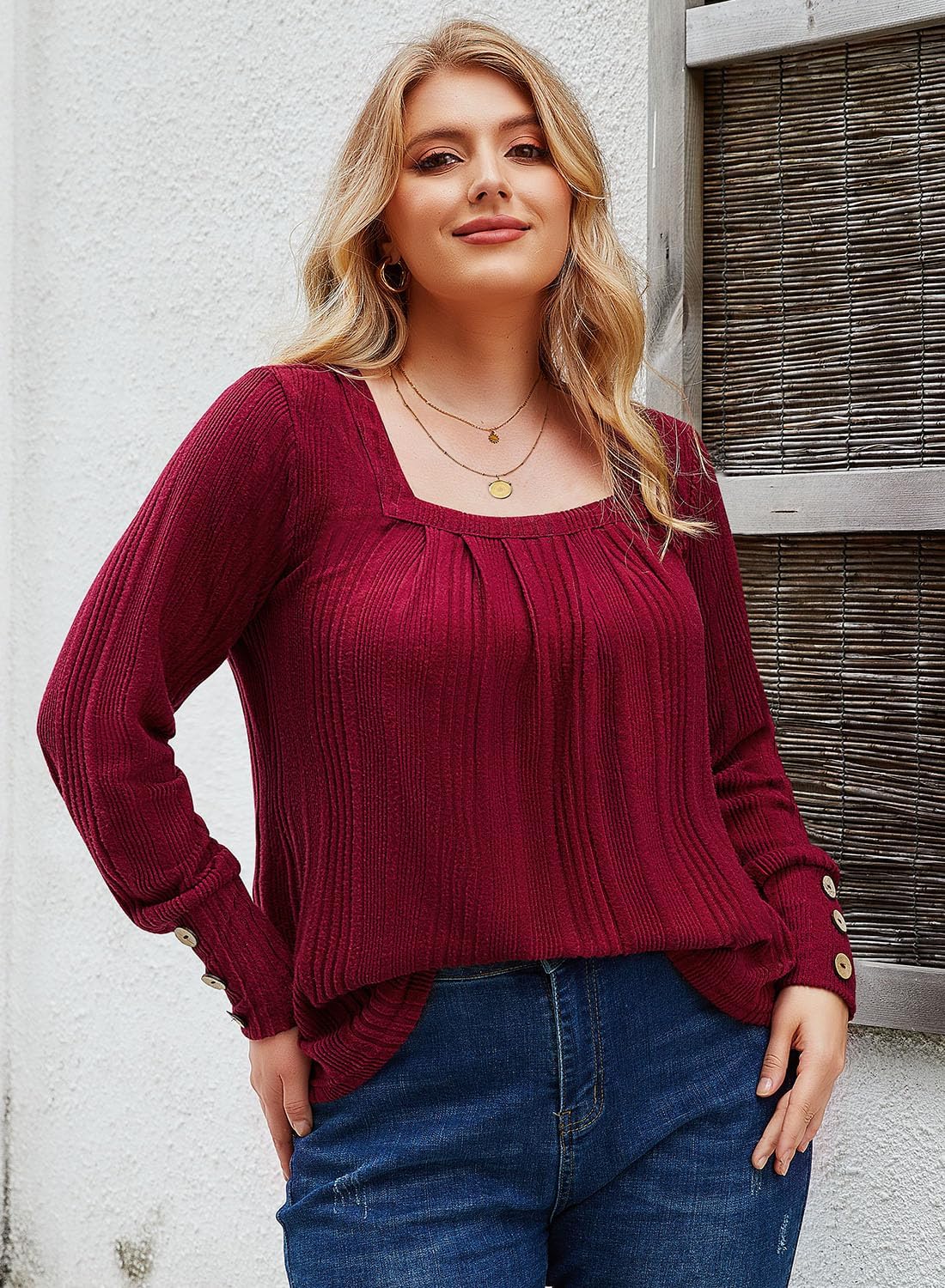 Siddhe Plus Size Sweater Women Puff Long Sleeve Square Neck Tops for Women Casual Loose Knit Tunic Fall Winter Fashion XL-5XL