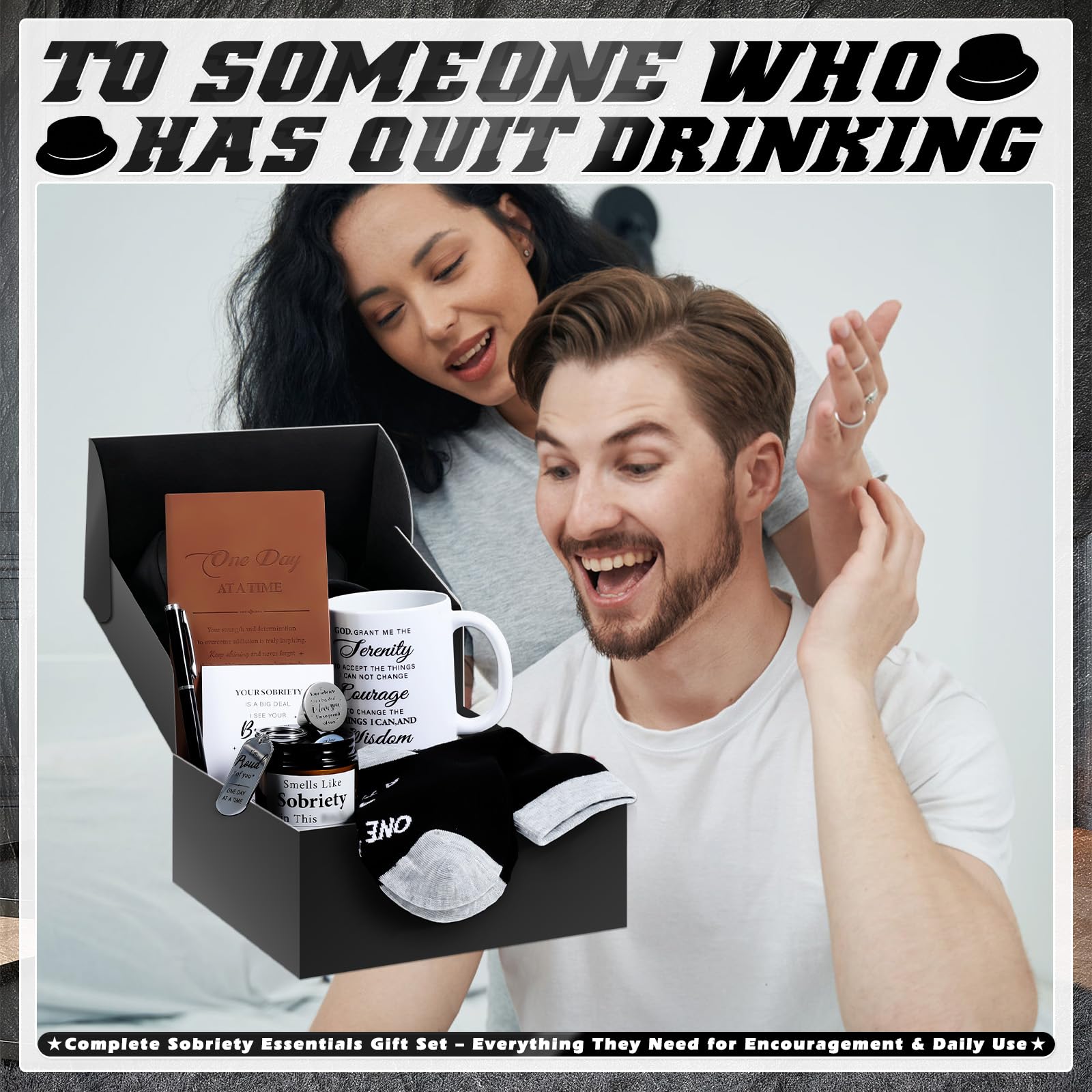 8 Pcs Sobriety Gifts for Men Women Sober Anniversary Present Set Alcoholics Anonymous Gifts Include Mug Socks Candle Journal Pen Sober Card Coin & Keychain Meaningful Sobriety Black Gift Box