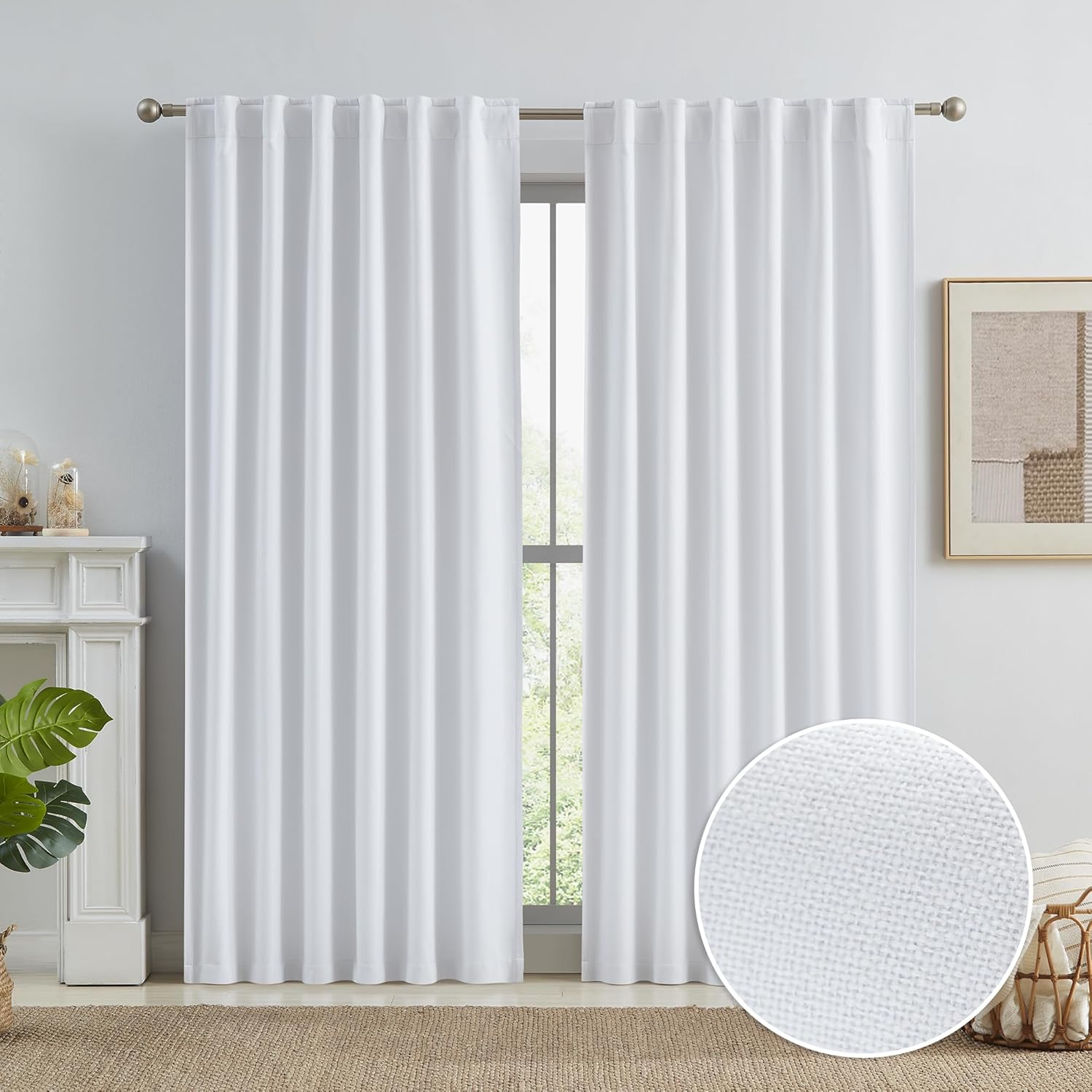 KEQIAOSUOCAI Full Blackout Curtains White 84 Inch Length, Heat and Full Light Blocking Thermal Insulated Shading Linen Panels for Nursery Living Room Back Tab Hook Belt 50 x 84 Inches Drop,2 Pieces 50"W x 84"L (Pack of 2) Pure White