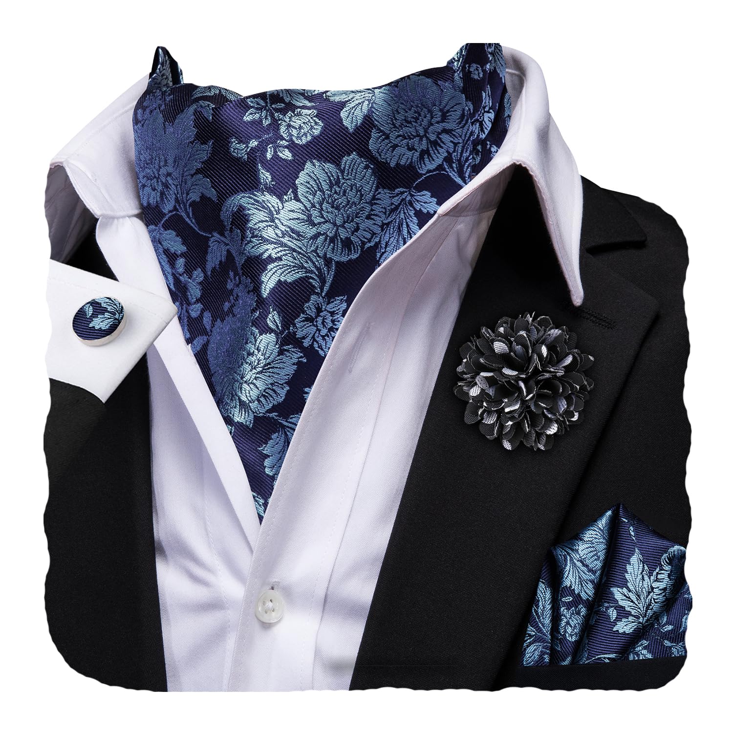 Hi-Tie Silk Ascot for Men Self Tie Men's Cravat and Flower Lapel Pin Handkerchief Cufflinks Set for Wedding Party