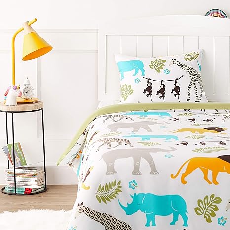 Amazon Basics 2 piezas Cama de microfibra Funda nórdica, infantil, funda de edredón de 100 x 135 cm y 1 funda de almohada de 40 x 60 cm, estampado de animales