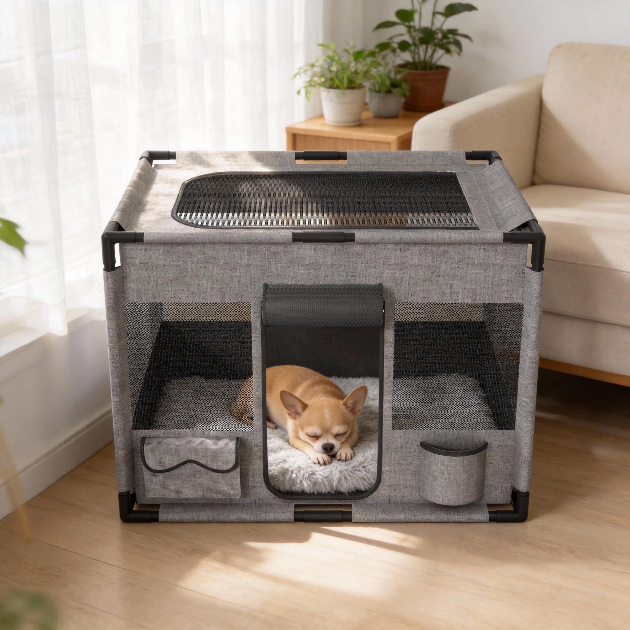 UISEBRT Recinto per cuccioli, in tessuto Oxford, rete traspirante con cerniera e tasca laterale, box per interni per cani e gatti, 85 x 65 x 64,5 cm, rettangolare
