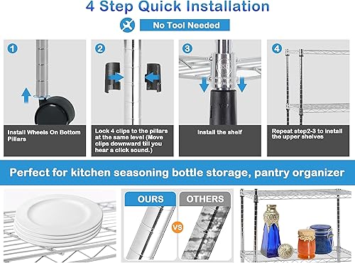 Miniatura 7 de Estantería de alambre de metal de 5 niveles con rueda, estante alto de almacenamiento, estantes de almacenamiento certificados NSF, 220 libras de