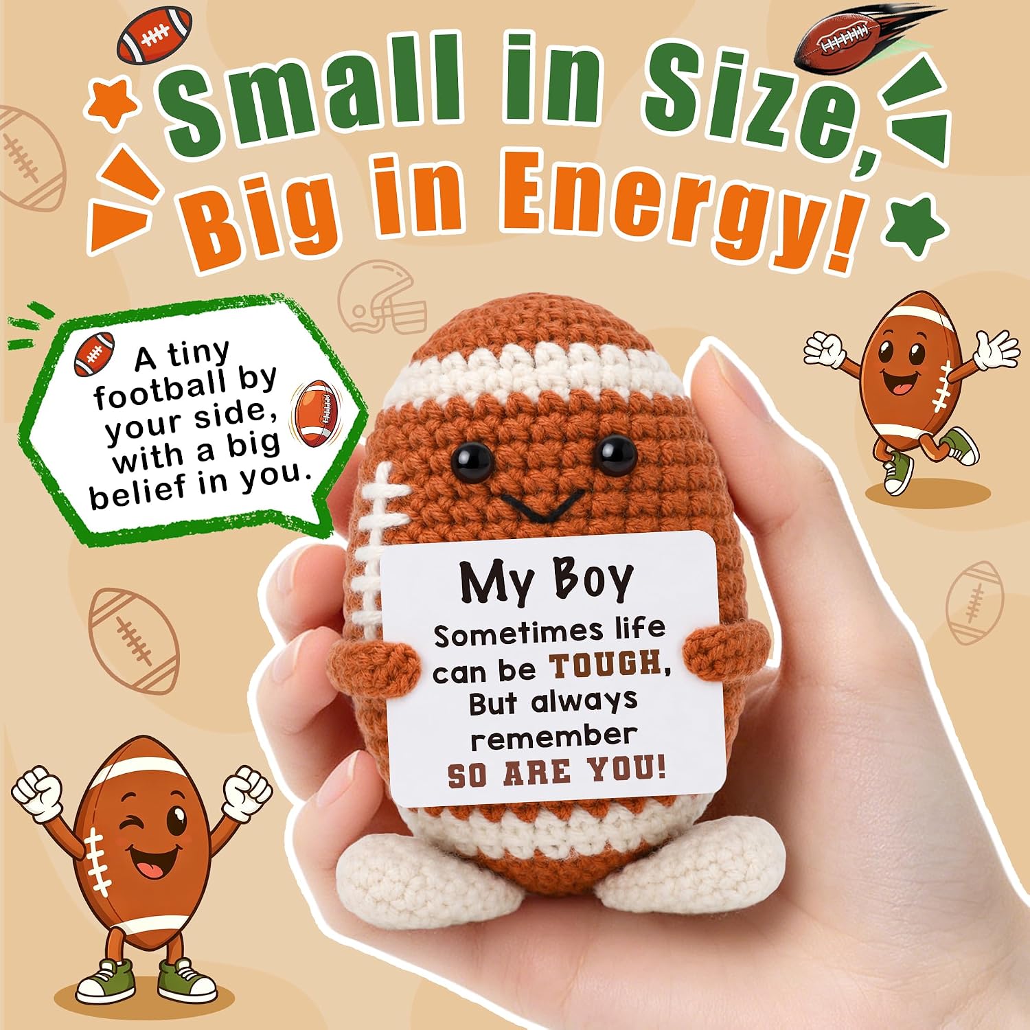 Boy Birthday Gifts for Son Teens Football Lovers from Mom Dad, Back to School Inspirational Football Gifts for Son, Christmas Stocking Stuffers Handmade Crochet Footballs Fall Season Game Day Gift