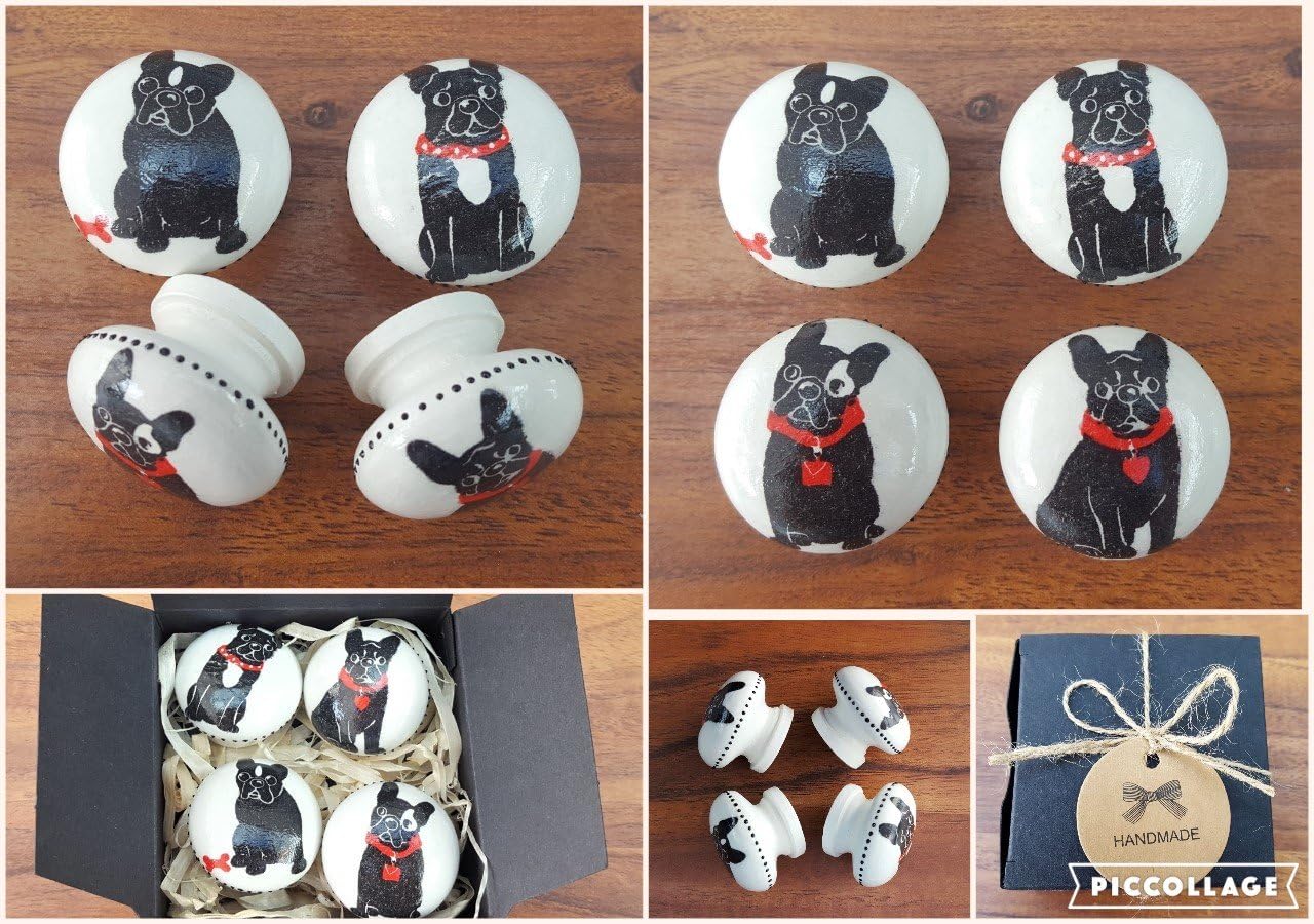 Set of Four Hand Decorated Pine Black French Bulldog Frenchie Drawer Knobs Pulls