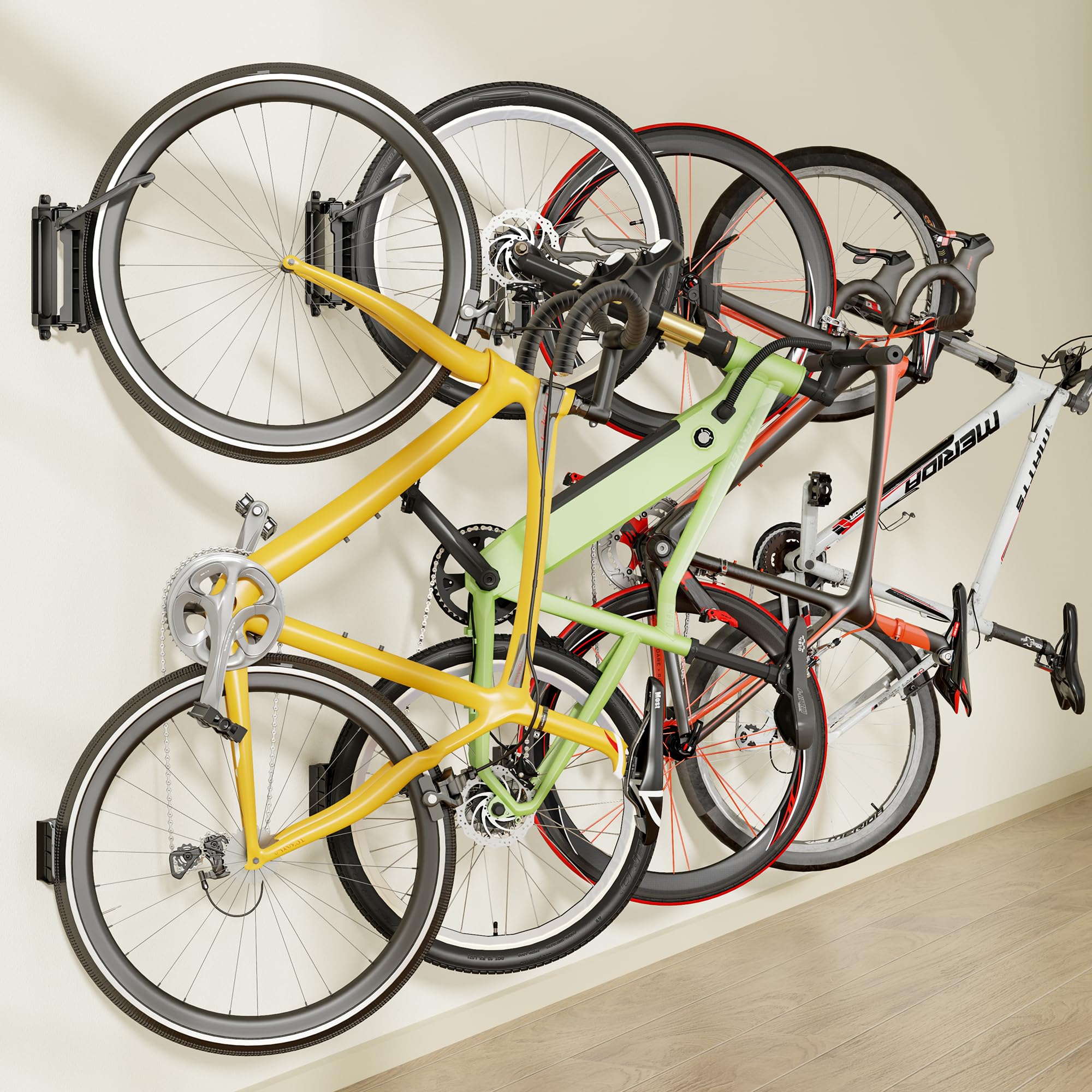 monTEK Schwenkbare Fahrrad-Wandhalterung, platzsparende vertikale Fahrradaufhänger, Wand-Fahrradträger für Garage, hält bis zu 35 kg, 4 Stück