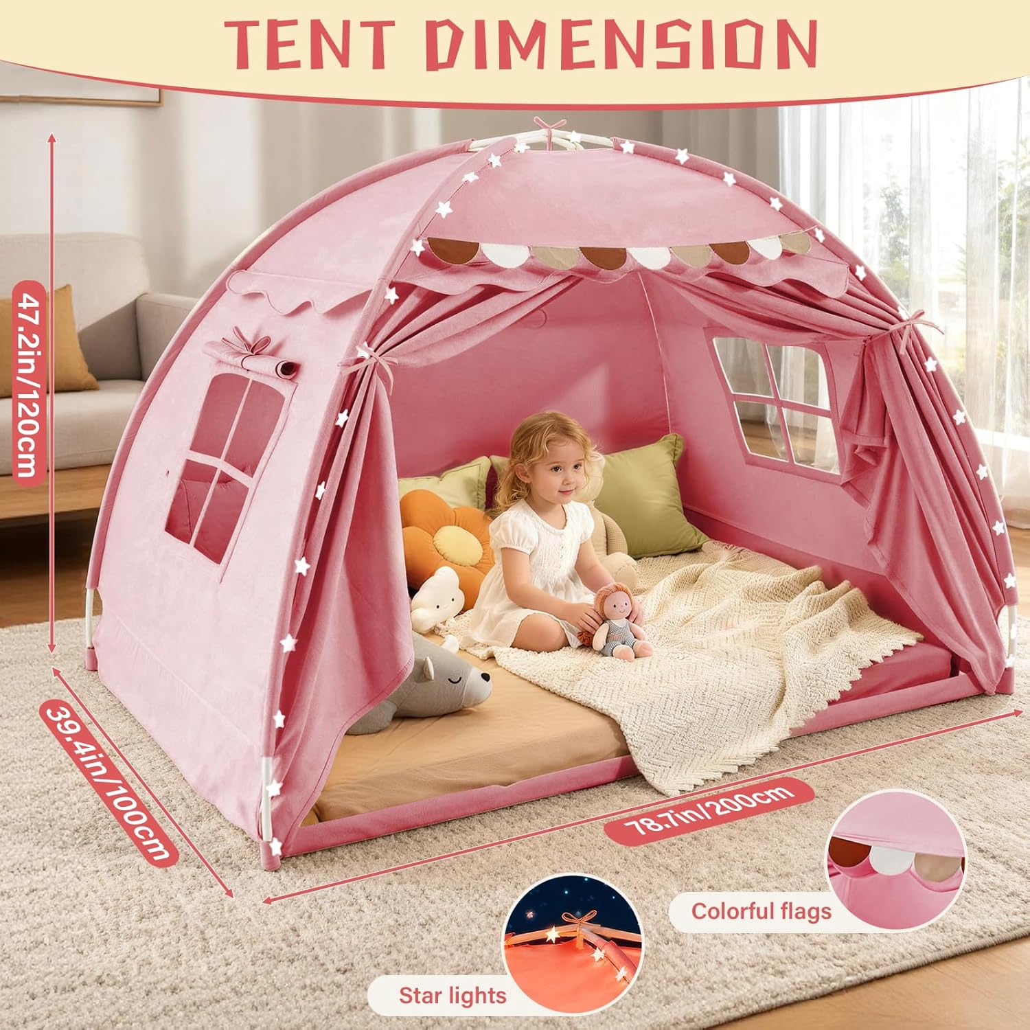 Dayacoco Large Toddler Bed Tent, Twin Kids Tent Indoor, Bed Canopy for Kids with Flags & Star Lights, Portable & Foldable Teepee Playhouse Outdoor, 78.7x39.4x47.2in, Pink
