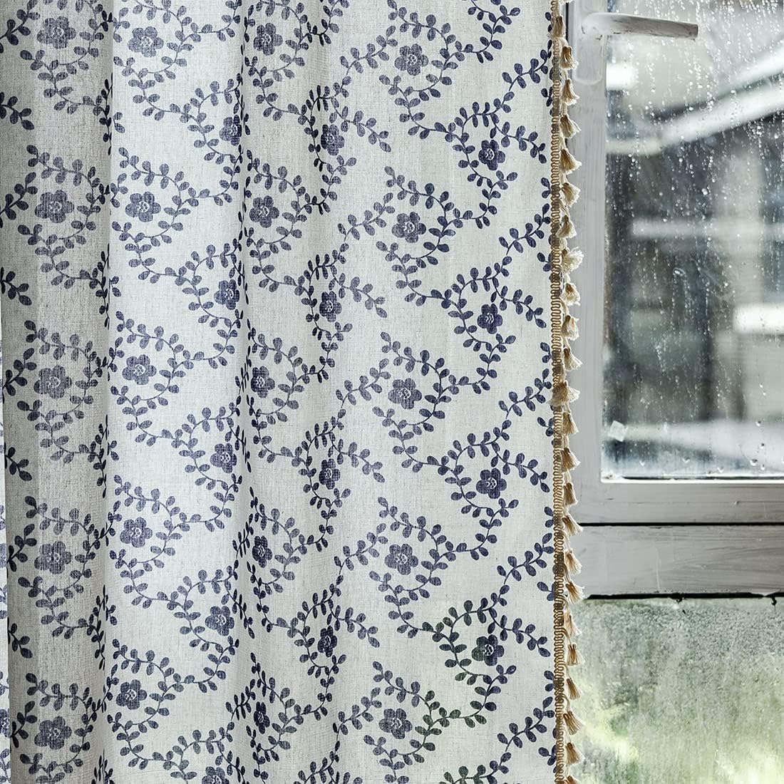 vctops Vintage Floral Print Window Curtains with Tassels Semi-Blackout Cotton Linen Curtains Rod Pocket Window Drapes for Dining Living Room Bedroom (Flower,59"x71")