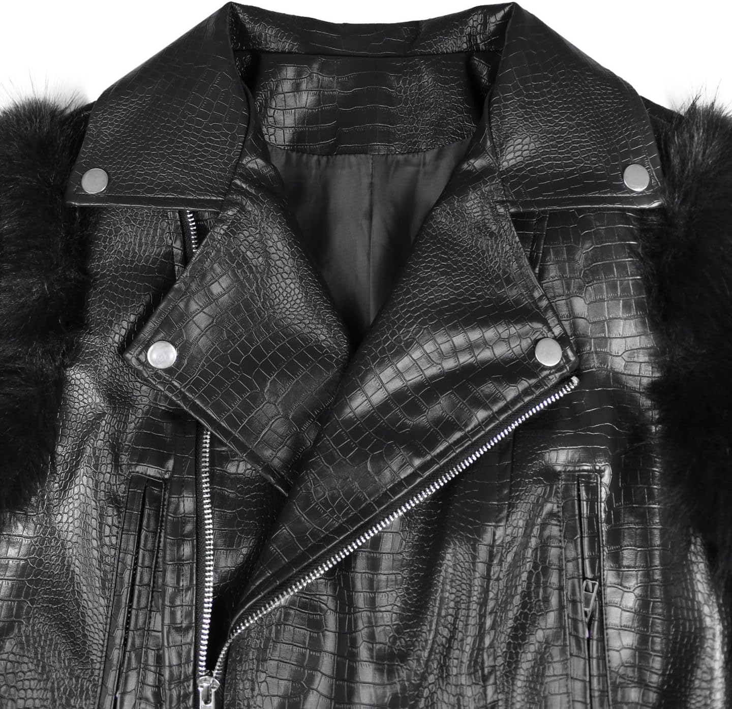 Women's Fall Winter Faux Leather Cropped Jacket Patchwork Faux Fur Long Sleeve Lapel V Neck Zipper Fluffy Coat - Image 7