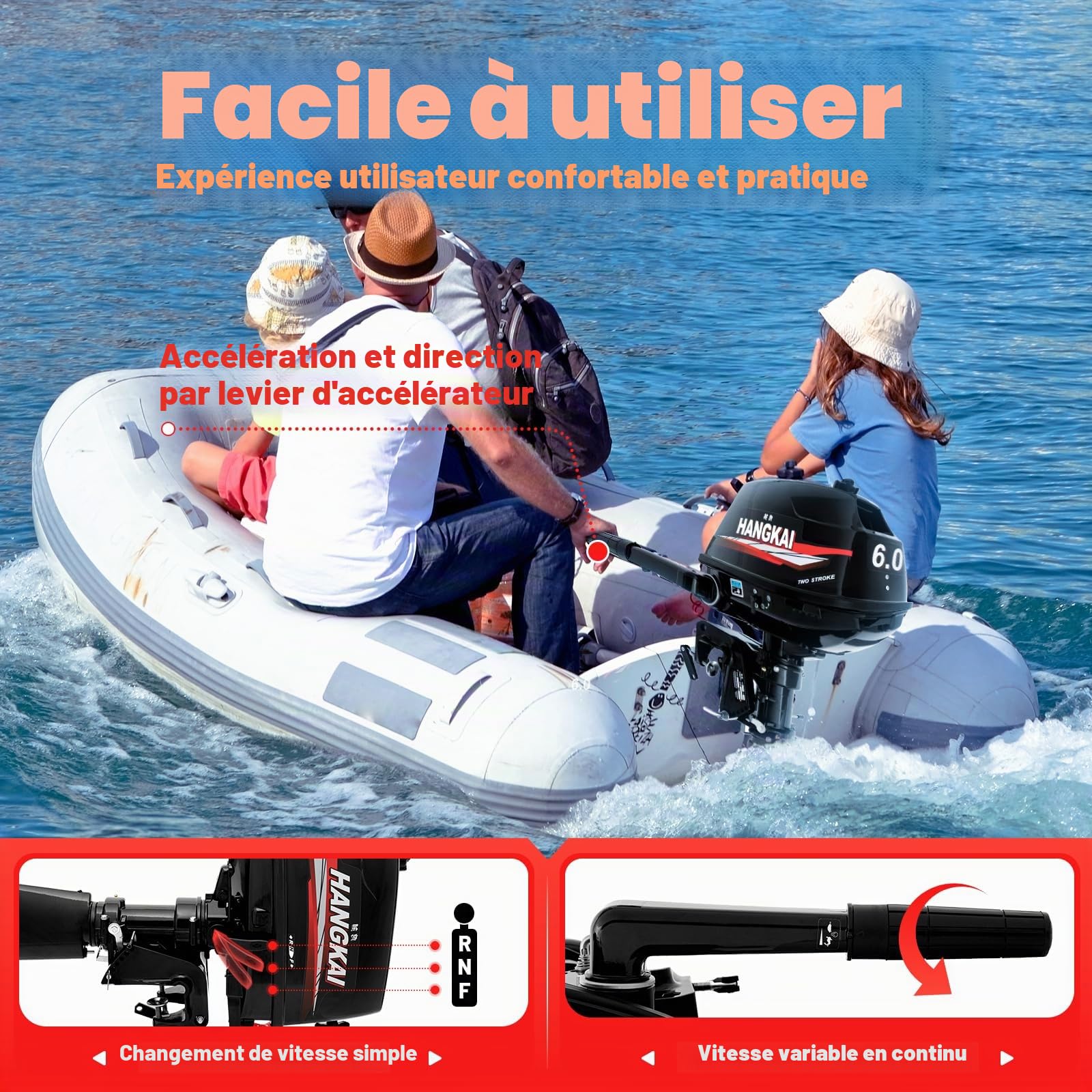 Moteur à essence hors-bord 6 CV 2 temps avec refroidissement par eau et allumage CDI, convient pour bateau pneumatique, bateau de pêche, voilier, yacht, bateau de pêche à la ligne, bateau à moteur