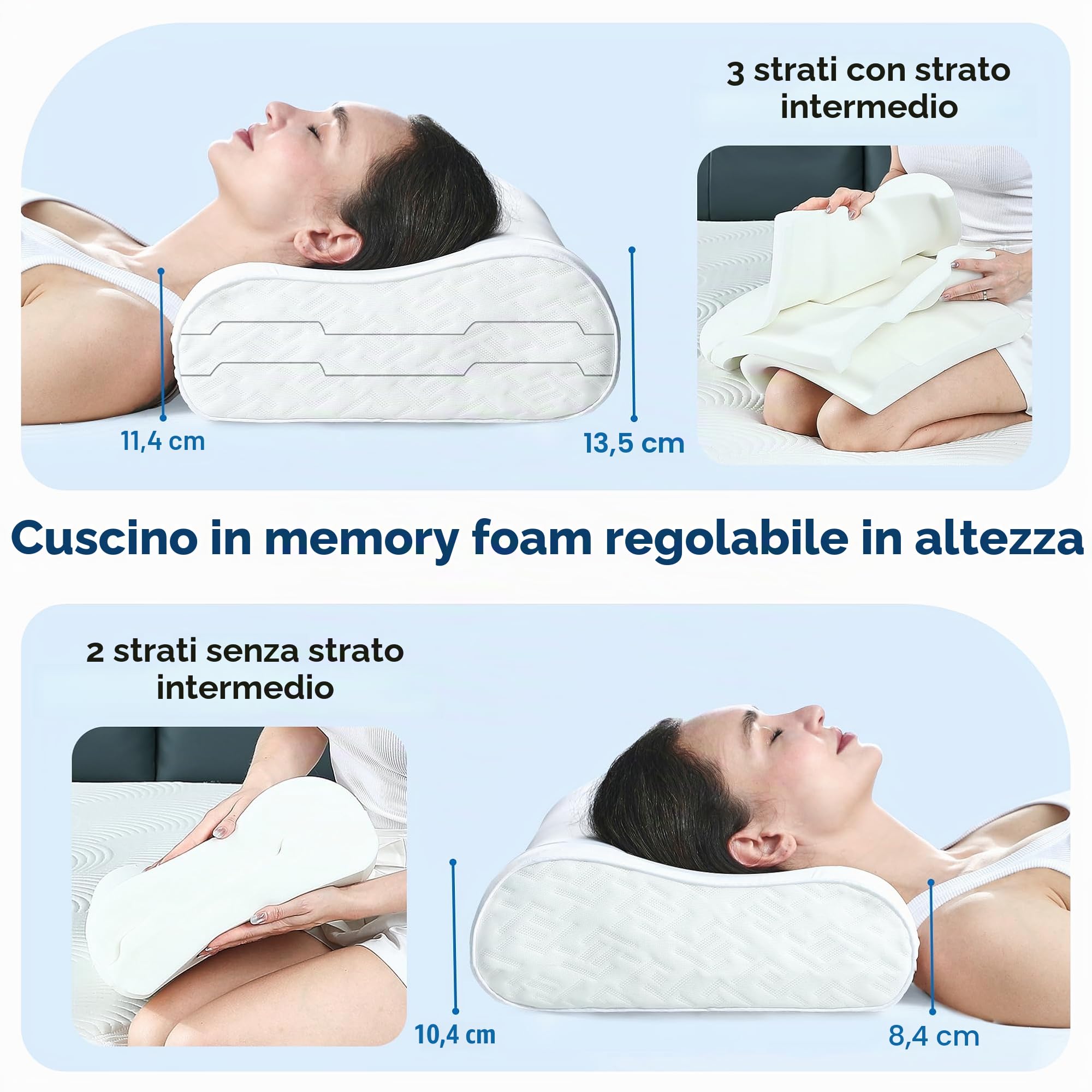 Elviros Cuscino Cervicale per Dormire in Memory Foam, Cuscino Ortopedico Ergonomico Altezza Regolabile, per Dormire su Fianco e Schiena con Fodera Traspirante Rimovibile, 60×35.5×13,5/11.5cm | Cuscino ergonomico a sandwich per chi dorme sul fianco/schiena