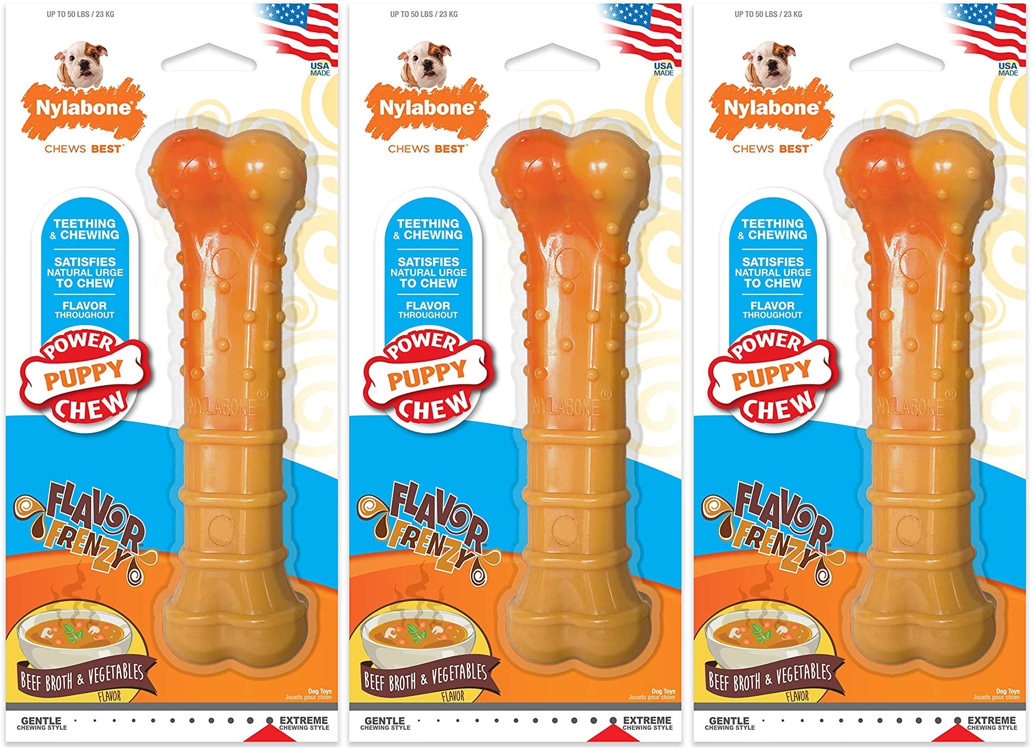 Nylabone Puppy Power Kauspielzeug für Welpen, Nylon, groß, Rindbrühe und Gemüse, 3 Stück
