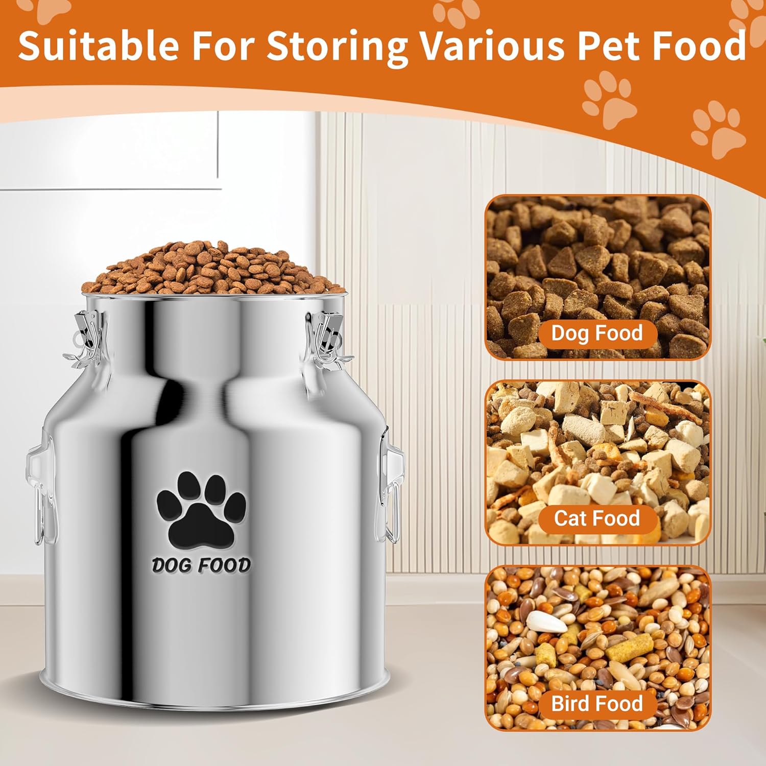 Metal Dog Food Storage Container 18Lbs, Stainless Steel Dog Food Storage Container with Lids Airtight, Pet Food Storage Container for Dogs, Cat Food Bin with Spoon, Keep Food Fresh, Easy to Clean