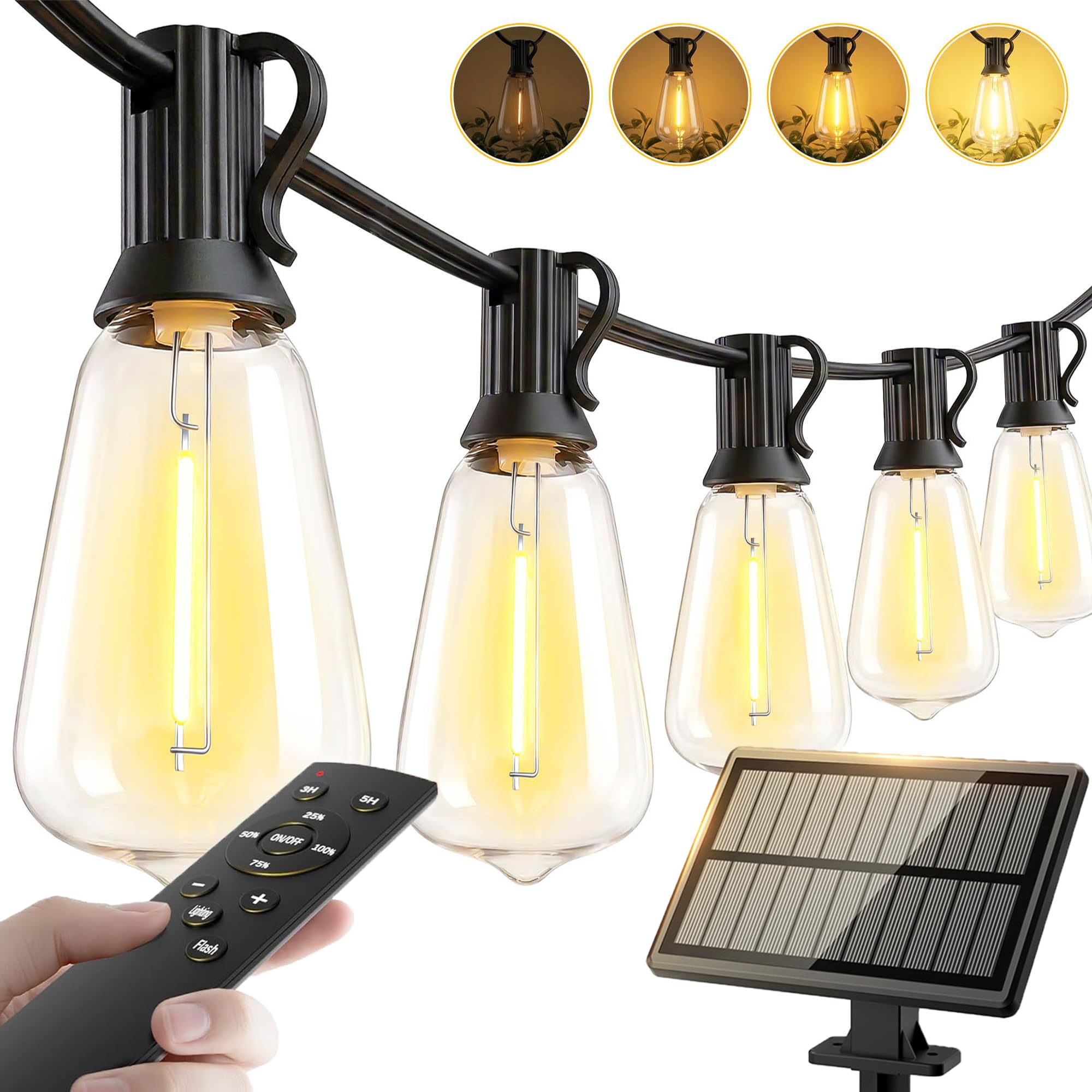 65ft-Solar-String-Lights-Outdoor-Waterproof-Solor-Powered-Patio-Light-Hanging-Outside-Backyard-Camping-Yard-Gazebo-Garden-Pergola-Bistro-Balcony-Cafe-Party-Fence-Lighting-LED with Edison Bulb & Remote - 1