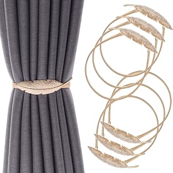 6Pack Aluminum Alloy Spring Design Curtain Holdbacks - Leaf Carving Design Ties for Drapes - Modern Style - Gold Feather Finish