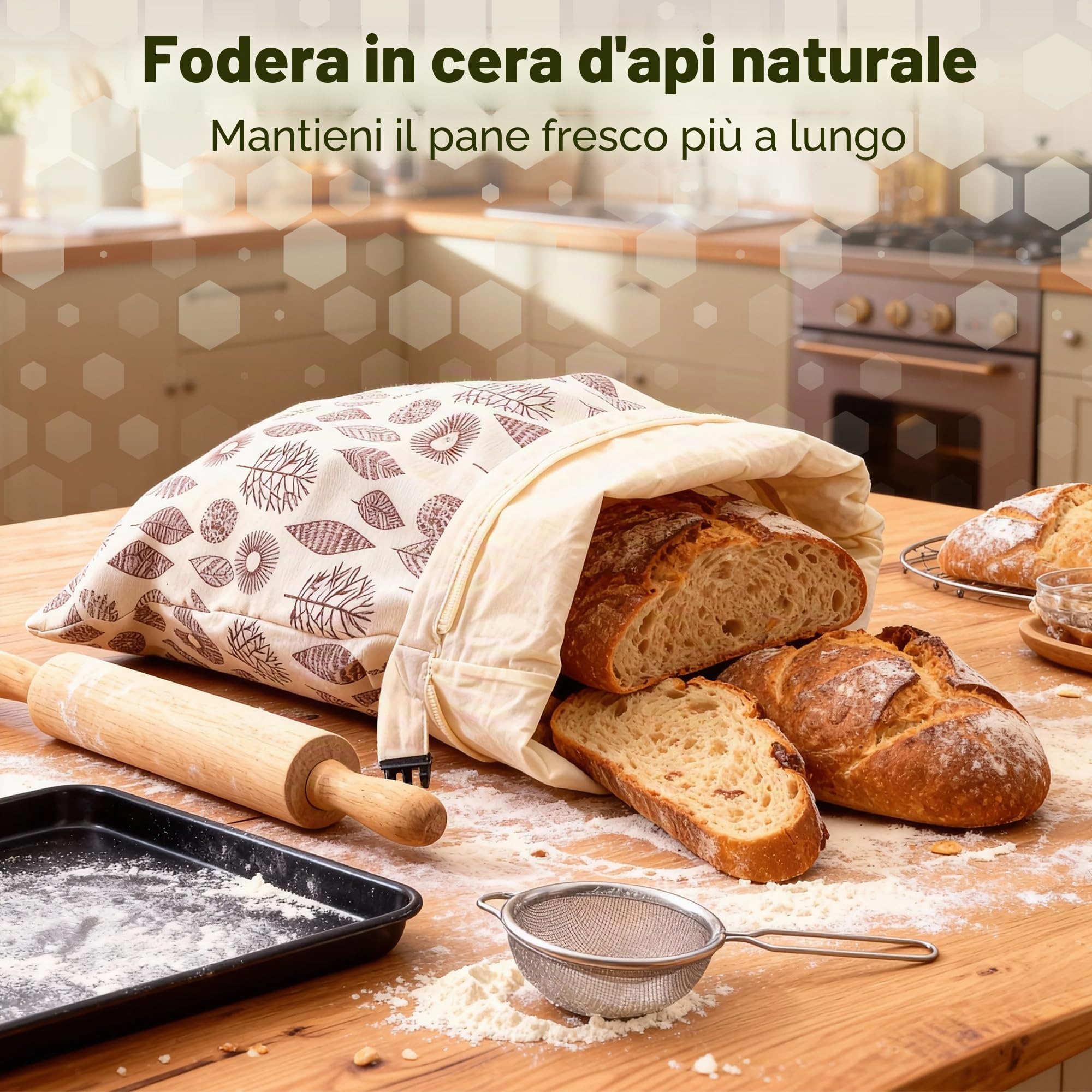 OHIYO Sacchetti riutilizzabili in cera d'api per congelatore e frigorifero, sacchetti di cotone rivestiti in cera d'api naturale per conservare gli alimenti freschi e fragranti (confezione da 2)
