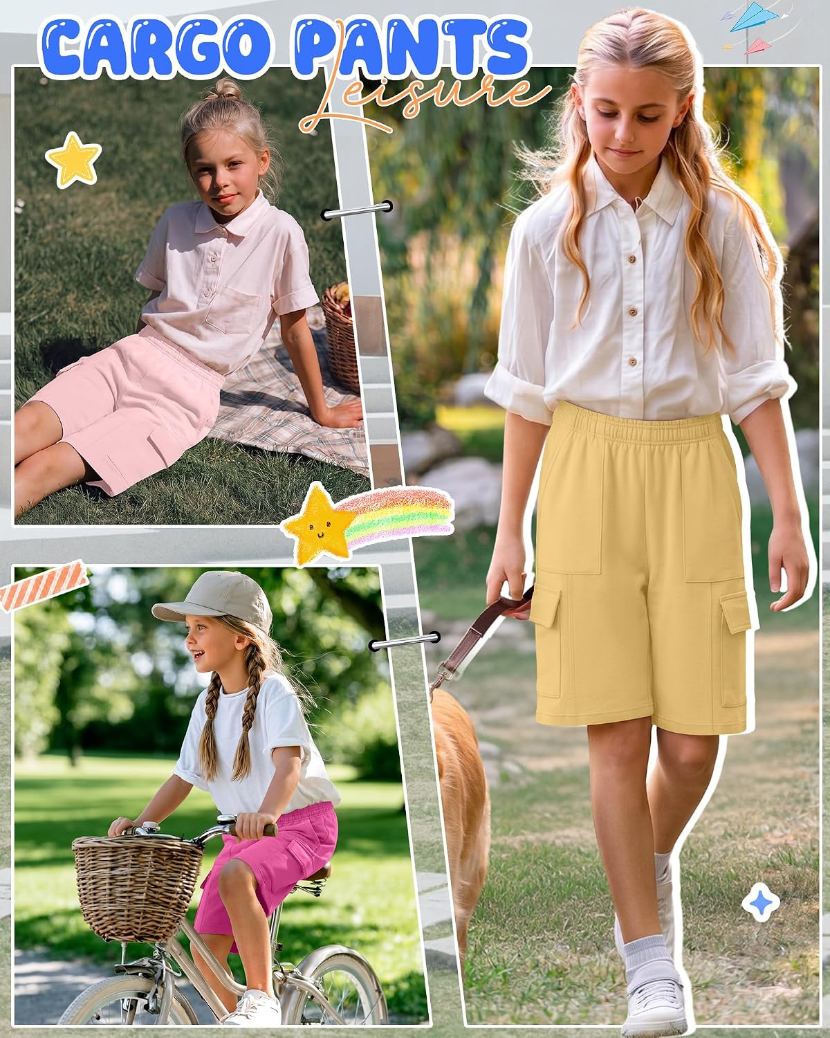 Yooo's Vivi 3 Pack Girls' Cargo Bermuda Shorts 5-14Y Teen Wide Leg Athletic Shorts with Pockets for Summer School Casual Wear