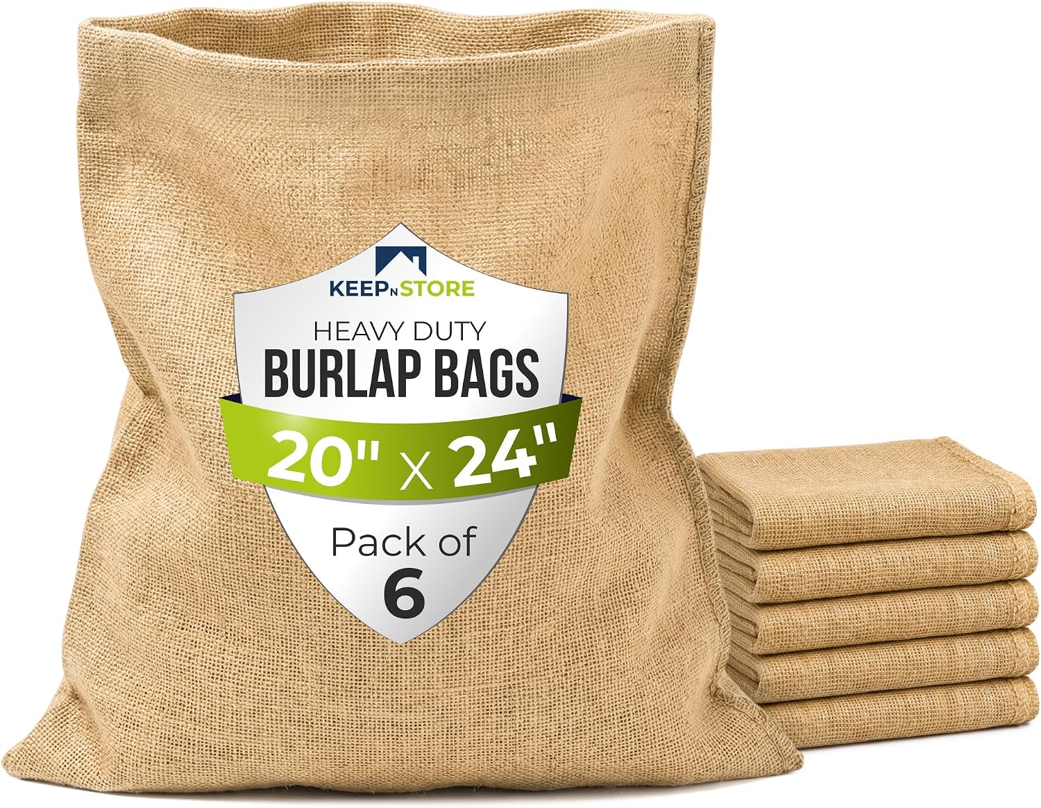 Burlap Storage Bags 20" x 24", Pack of 6 – Natural Jute Gunny Sacks for Storage of Vegetables, Gardening & Farm Use, Breathable Heavy-Duty Burlap Bags