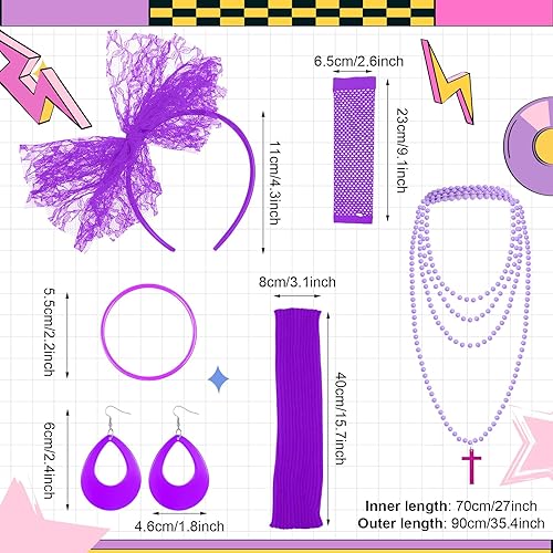 Miniatura 3 de Blulu 6 piezas de accesorios de los años 80 para mujer, vestido de disfraz de neón, diadema, aretes, guantes de red, collar, pulsera, calentadores