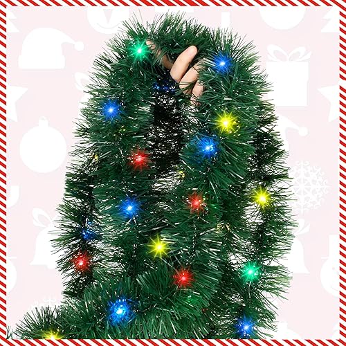 Miniatura 10 de Kingdder Guirnalda de oropel de Navidad de 16.4 pies iluminada metálica para decoración de árbol, funciona con pilas, 50 luces LED, guirnalda