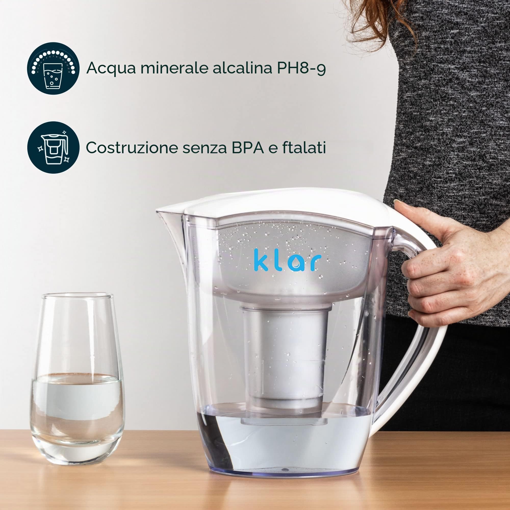 Caraffa Filtrante Klar Water - Brocca Acqua Filtrante da 3,5 L – Con Filtro Acqua per Rimuovere Fluoruro, PFOA, PFAS, Piombo, Microplastiche - PH Alcalino
