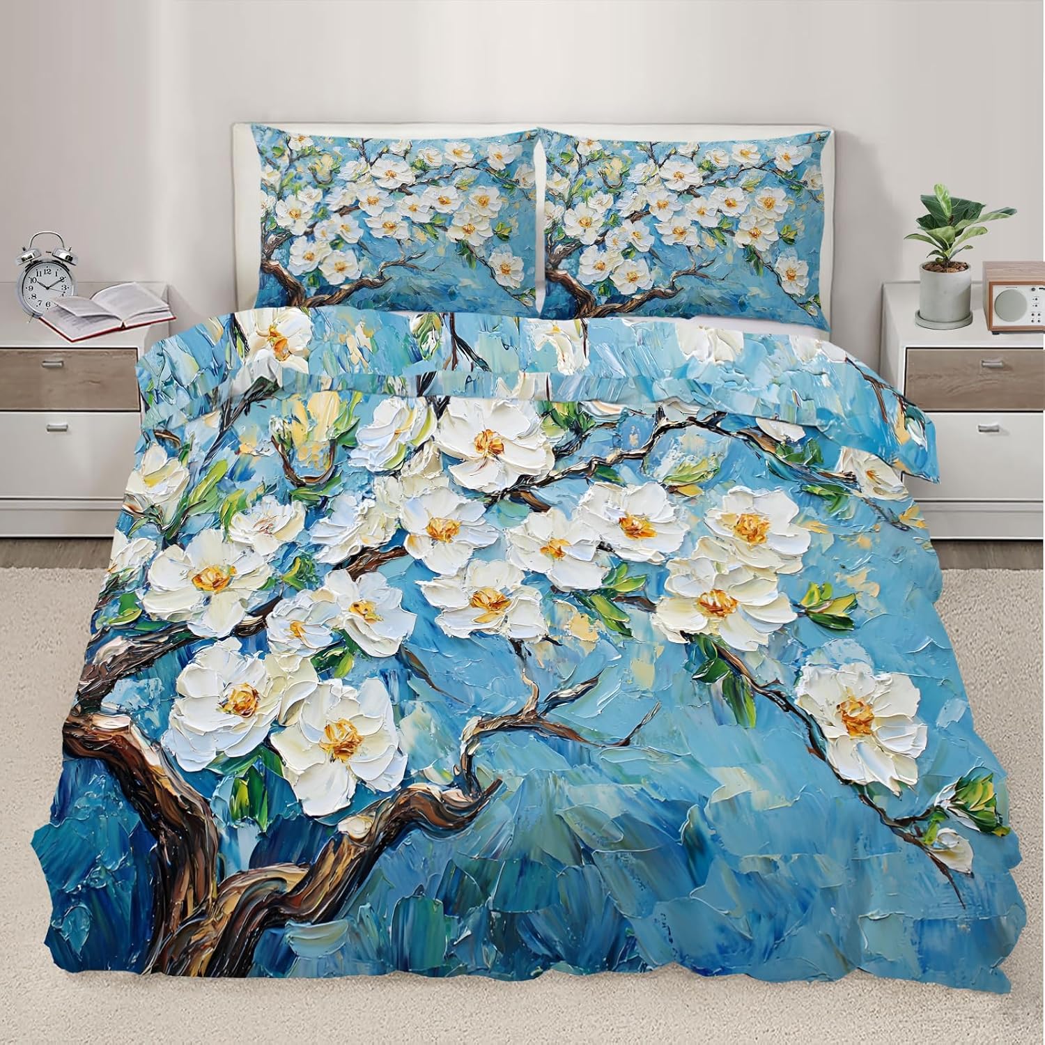 Florals Bedding & Bedroom Decor - White Floral Duvet Cover Twin - Soft Comforter Cover with 2 Pillow Shams - 3 Piece with Zipper - Abstract Blue Home Decor & Gifts image 3