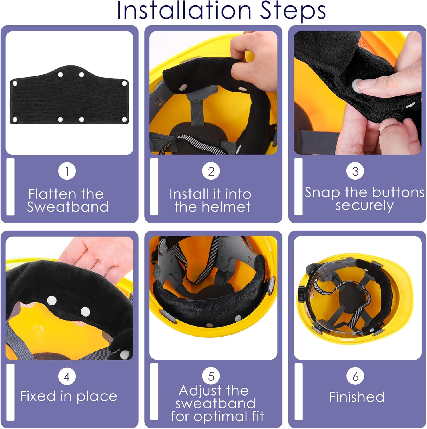 Aneco 12 Pack Hard Hat Sweatband Cotton Reusable Sweatband Snap-On Liner Sweatband for Hard Hat Accessories Black, Deep Grey, Deep Blue, Blue