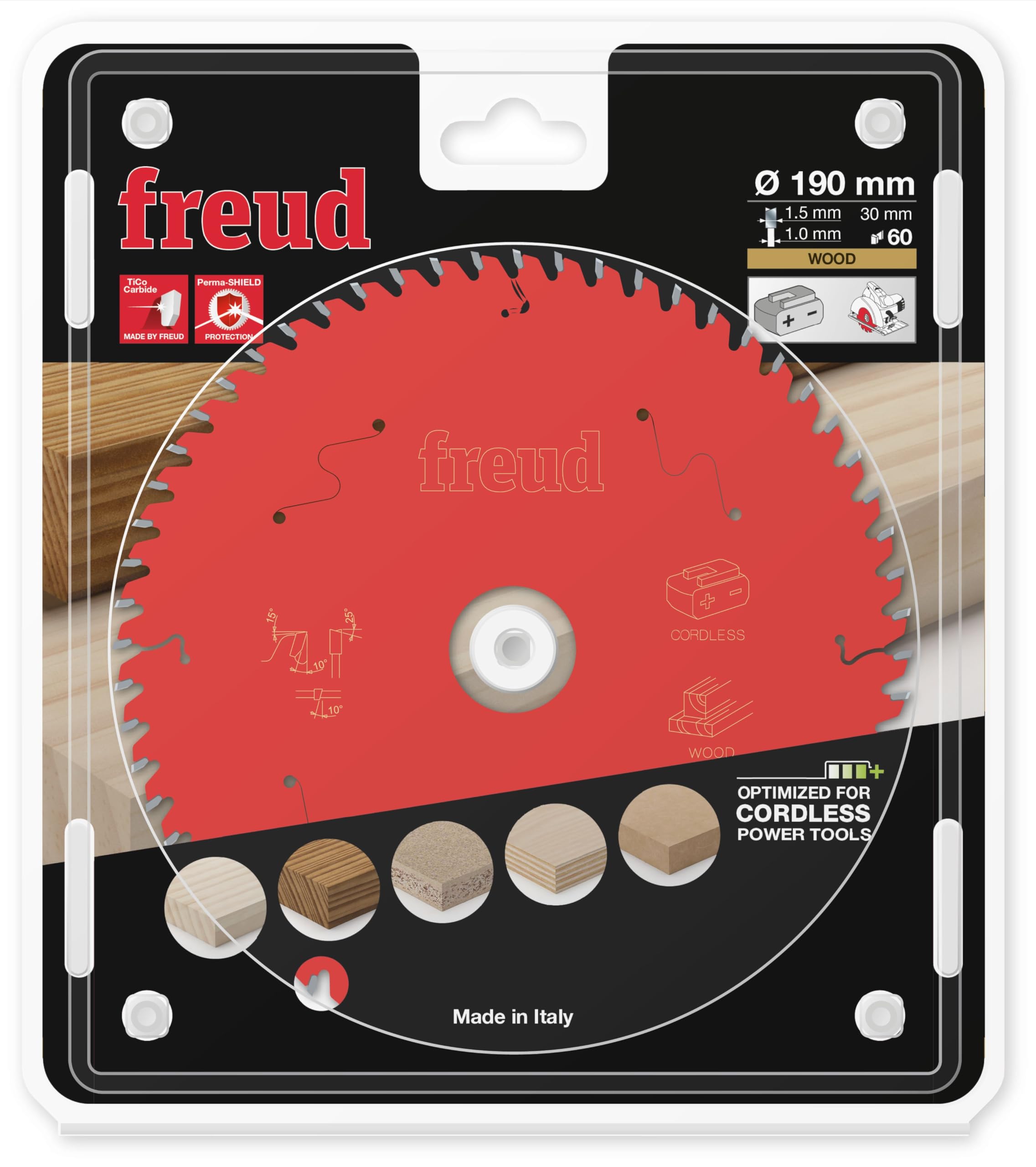 Freud lame de scie circulaire portable à batterie pour la coupe de bois D=190mm x d=30mm x 1,5/1mm x T60 - FR13W013HC