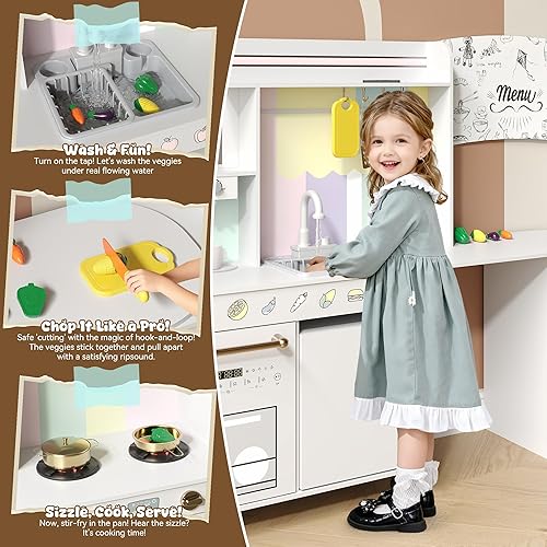 Miniatura 5 de Juego de cocina para niños, cocina de madera de esquina con área de lavandería, cocina de juego de simulación para todos los escenarios para niños