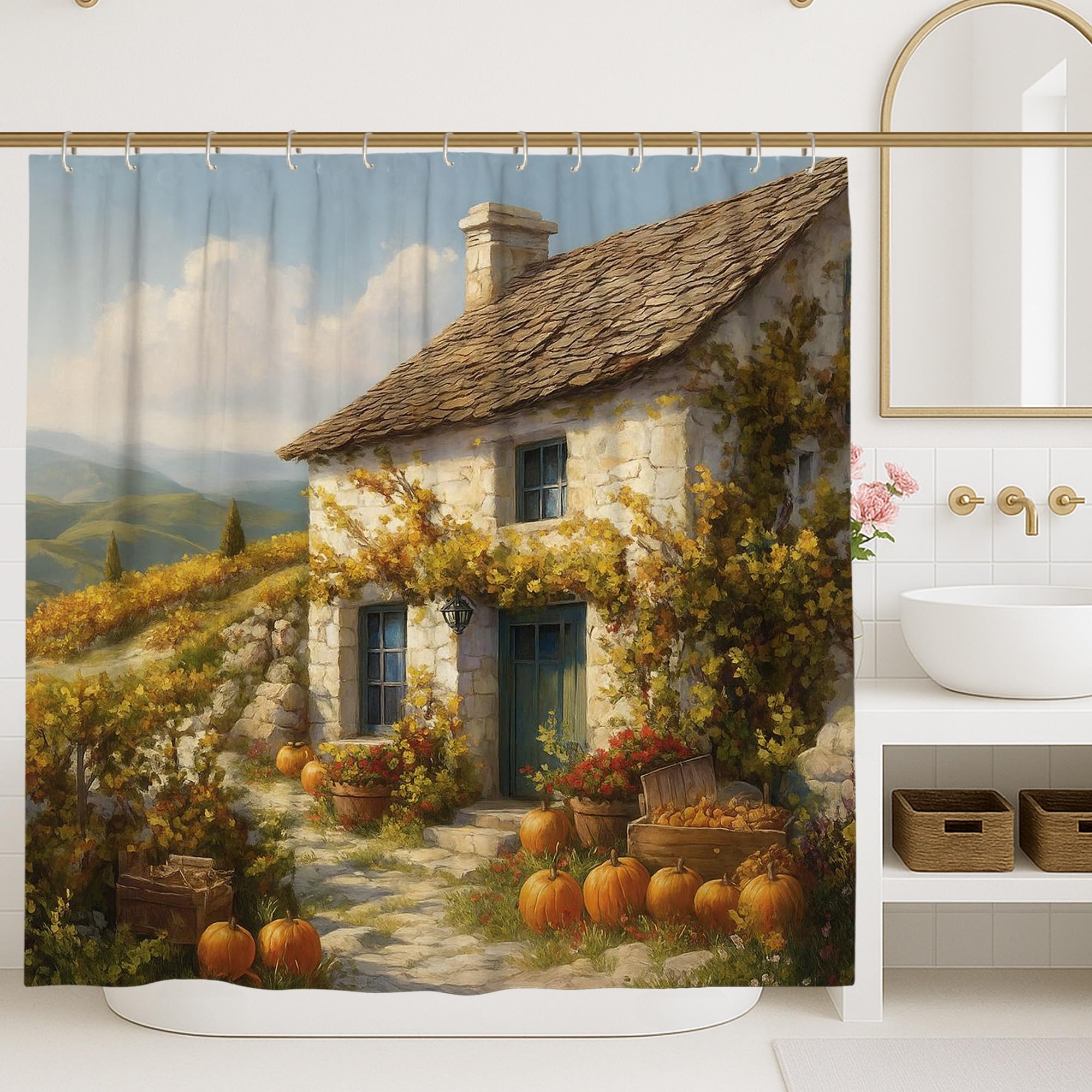 Rideau de douche cottage d'automne orange et jaune pour salle de bain
