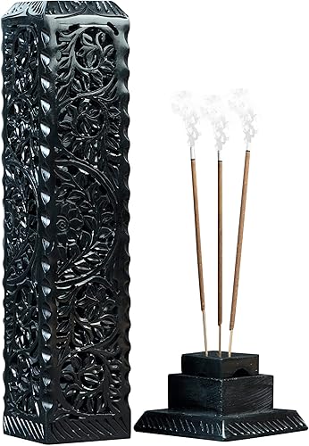 Crocon Quemador de incienso de mármol negro con forma cuadrada de hoja y media rueda para tallar en torre Portavelas de té Tamaño decorativo para