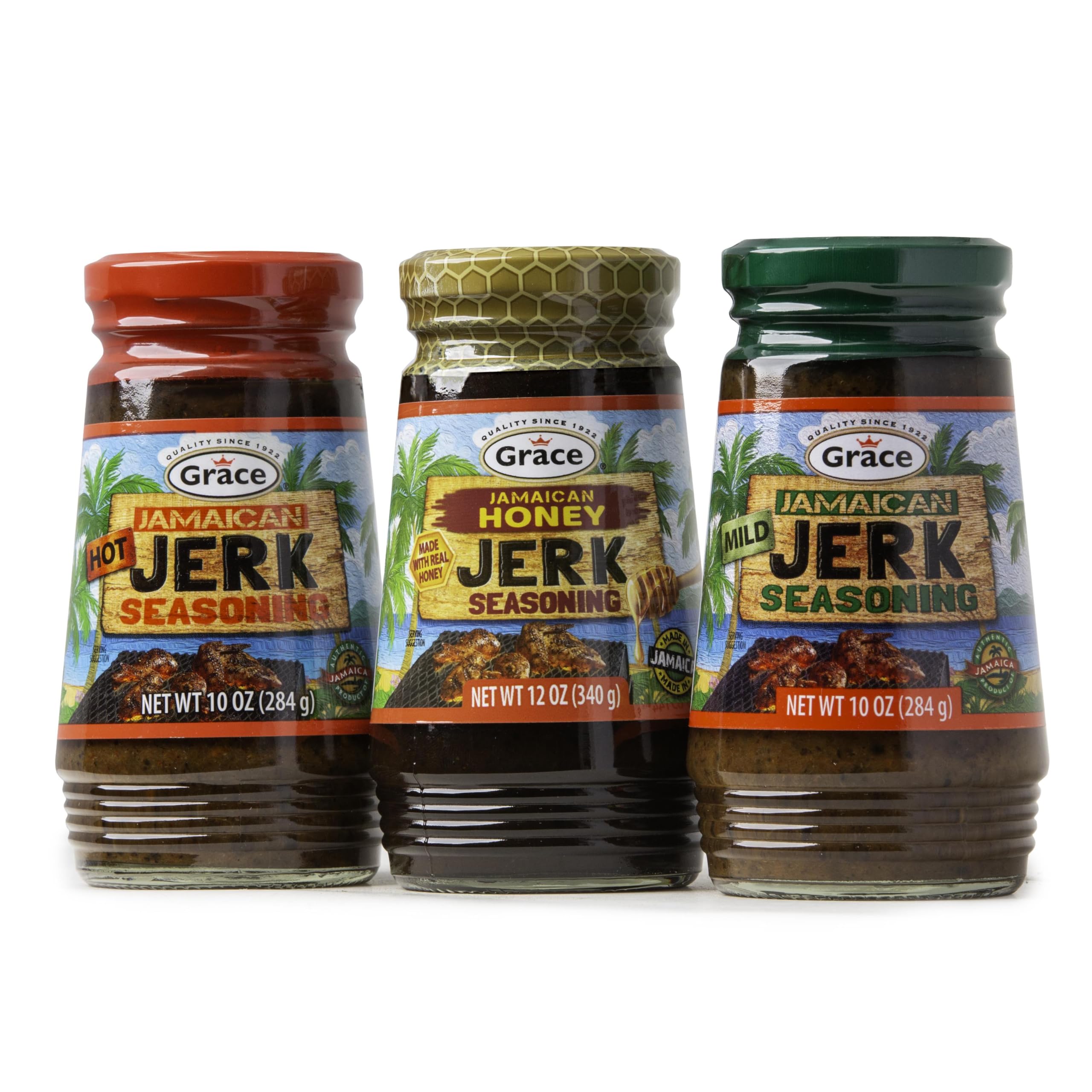 Grace Jamaican Jerk Seasoning Paste Variety Pack - Honey, Mild & Hot Jerk Seasoning Jamaican Style - Caribbean Jerk Seasoning Mix for Jerk Chicken Seasoning & Oxtail Seasoning - Best BBQ Rub for Pork Ribs & Steaks