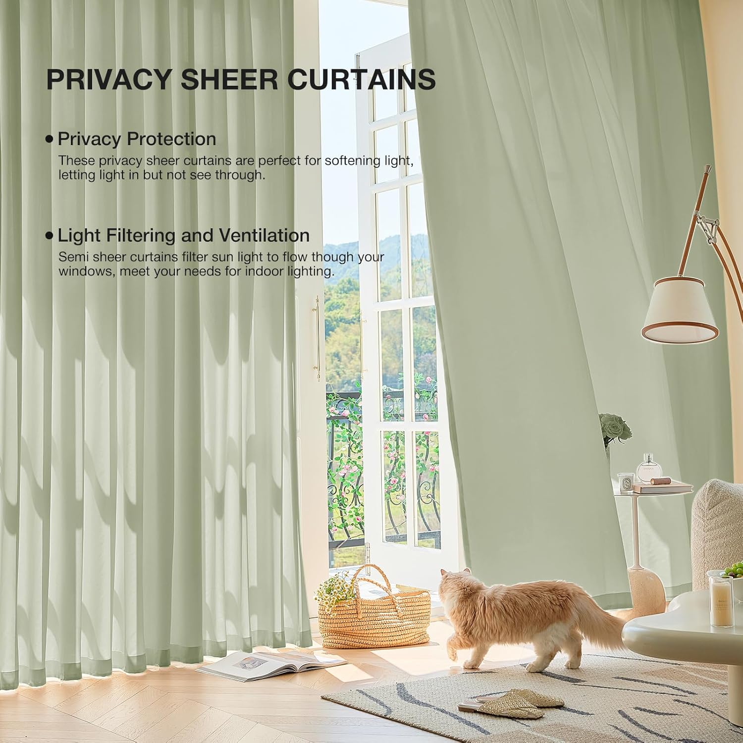 Anmao Non-See-Through Sage Green Privacy Semi Sheer Curtains for Living Room 90 Inch Length 2 Panels Set, Light Filtering That Let Light in Rod Pocket Window Drapes for Bedroom, 52W x 90L, Sage