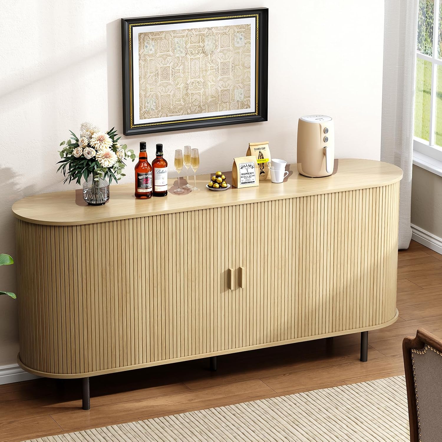 Buffet Cabinet with Storage, Fluted Sideboard Buffet with Sliding Door, Coffee Bar Cabinet with Adjustable Shelf, Console Table, Accent Table for Entryway, Kitchen (Oak, 63 Inch)