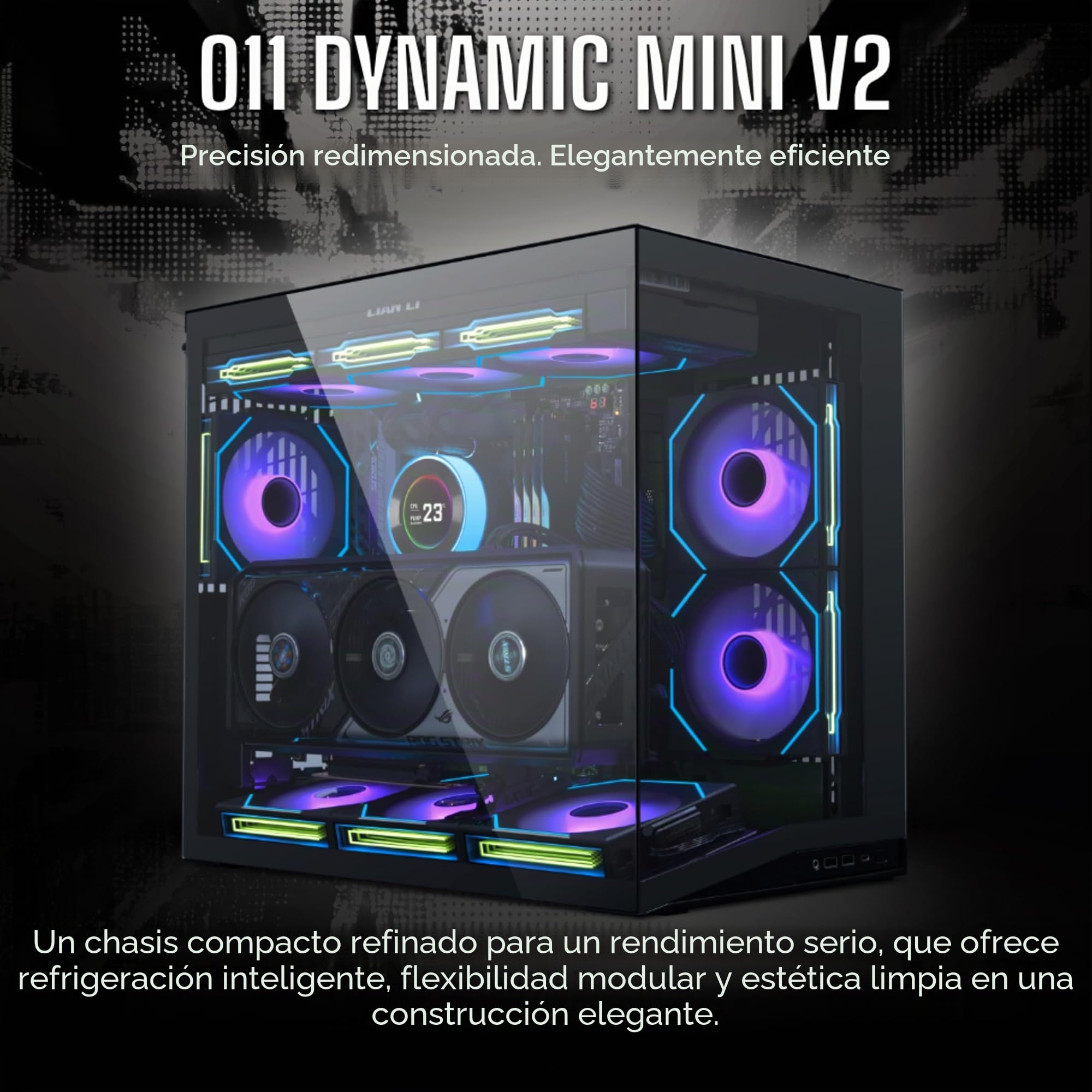 Lian LI O11D Mini V2 Flow O11DMIV2FX Caja compacta ATX Media Airflow Vista panorámica Flujo de Aire de Alto Rendimiento Incluye 5 Ventiladores de Hoja inversa de 120 mm Gestión de Cables