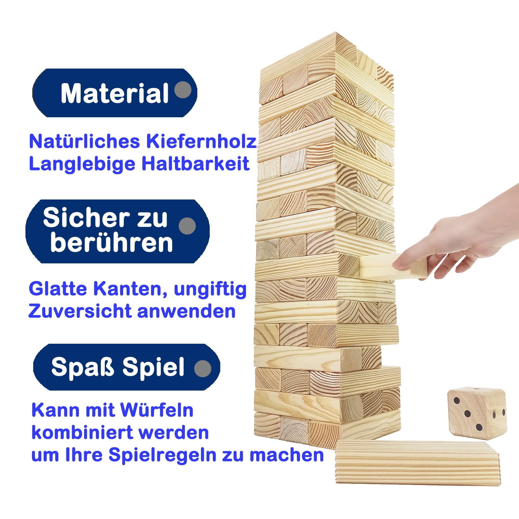 Jac & Mok Wackelturm Tumble Tower Holz Toppling Blocks Spielzeug mit Tragetasche 54 Stück