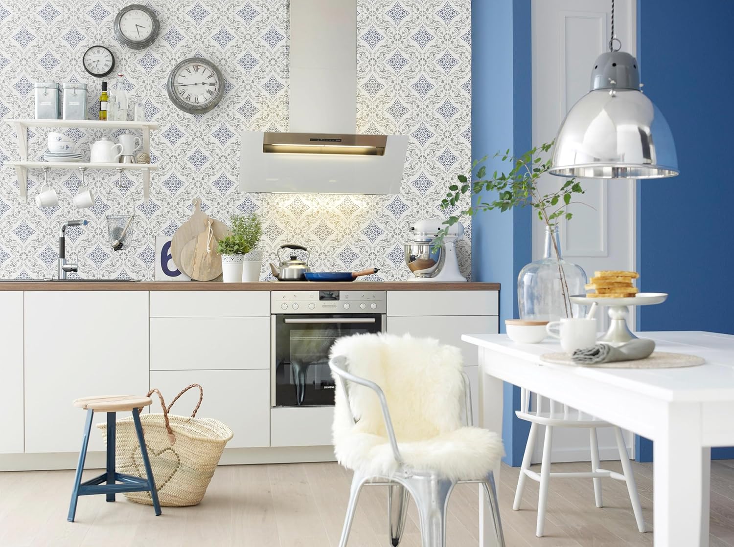 Boho Peel and Stick Wallpaper Blue Contact Paper 16.9inch x 393.7inch Blue Pattern Wallpaper Vintage Self-Adhesive Removable Decorative Contact Paper for Bedroom Cabinets Vinyl
