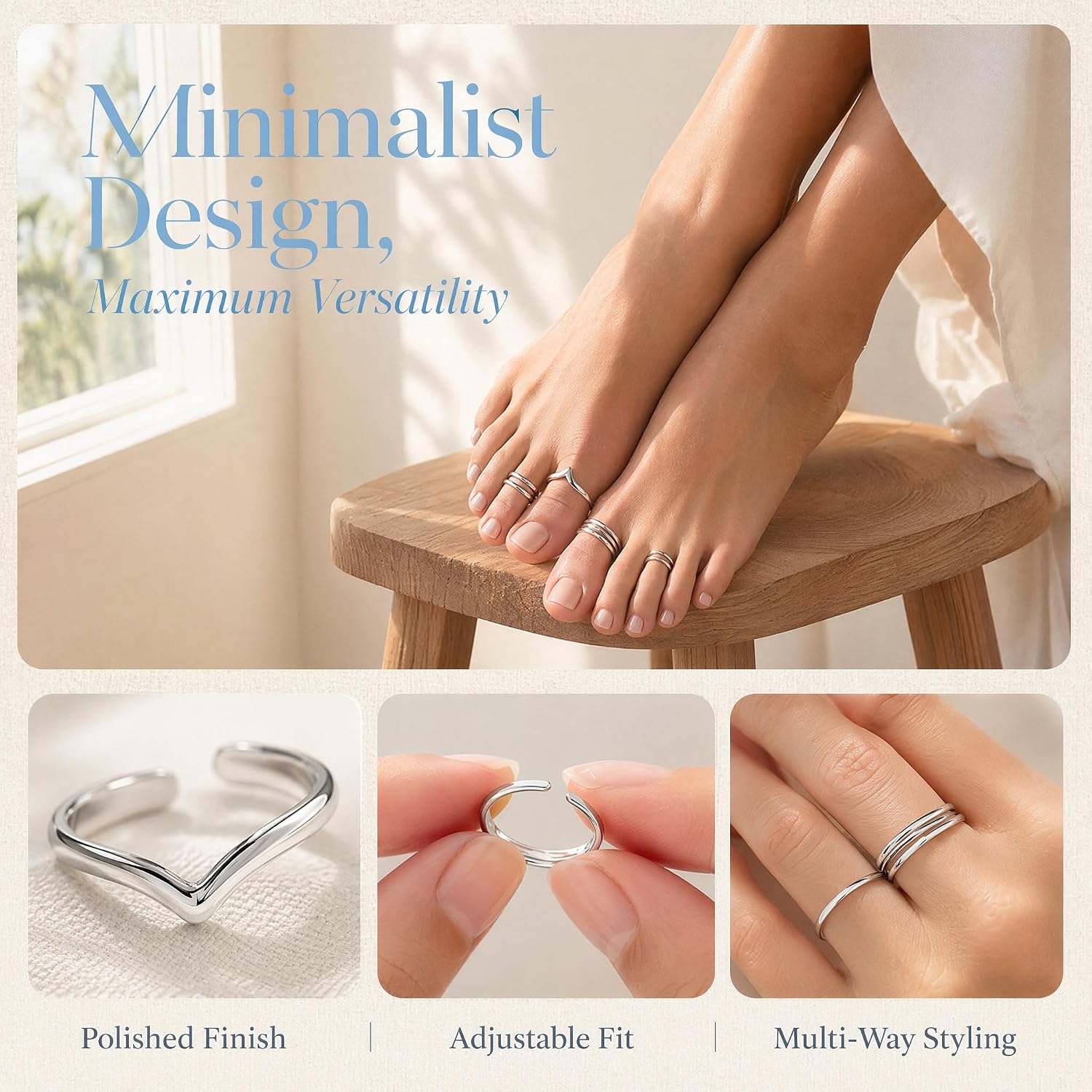 4PCS Silver Minimalist Toe Rings Set Silver Plated Simple Open Adjustable Band Toe Rings for Women Beach Foot Jewelry for Summer, toe rings for women