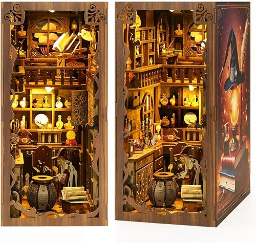 Miniatura 8 de Kit de rincón de libros para adultos, modelo en miniatura, kit de construcción de casa de muñecas, rompecabezas de madera 3D con sensor de luz LED