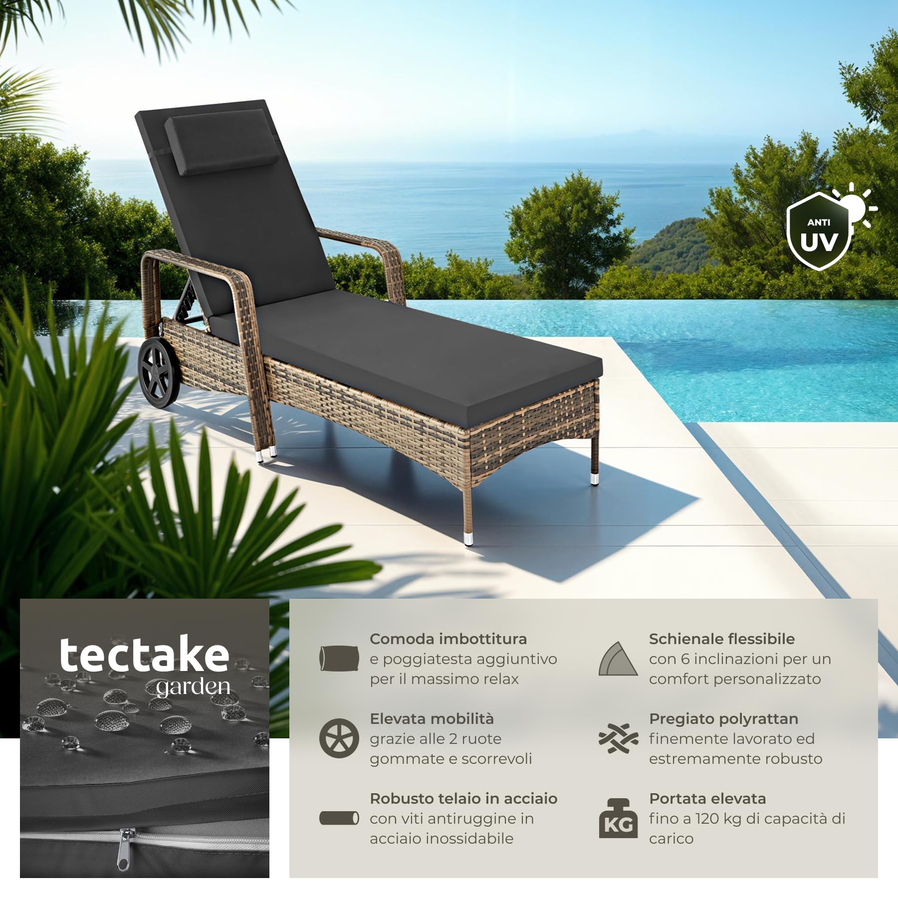 “tectake® Poly Rattan Sun Bed, Outdoor Garden Furniture, Sun Loungers, Garden Chairs, Terrace, Balcony, Pool Chairs, Rubberized Wheels, Interior Furniture, Sofa Chair - Natural/Dark Gray