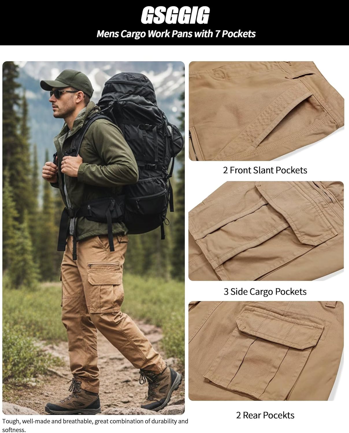 Cargo Pants for Men Casual Hiking Pants with Multi Pocket Outdoor Comfy Fit Construction Work Pants - Image 4