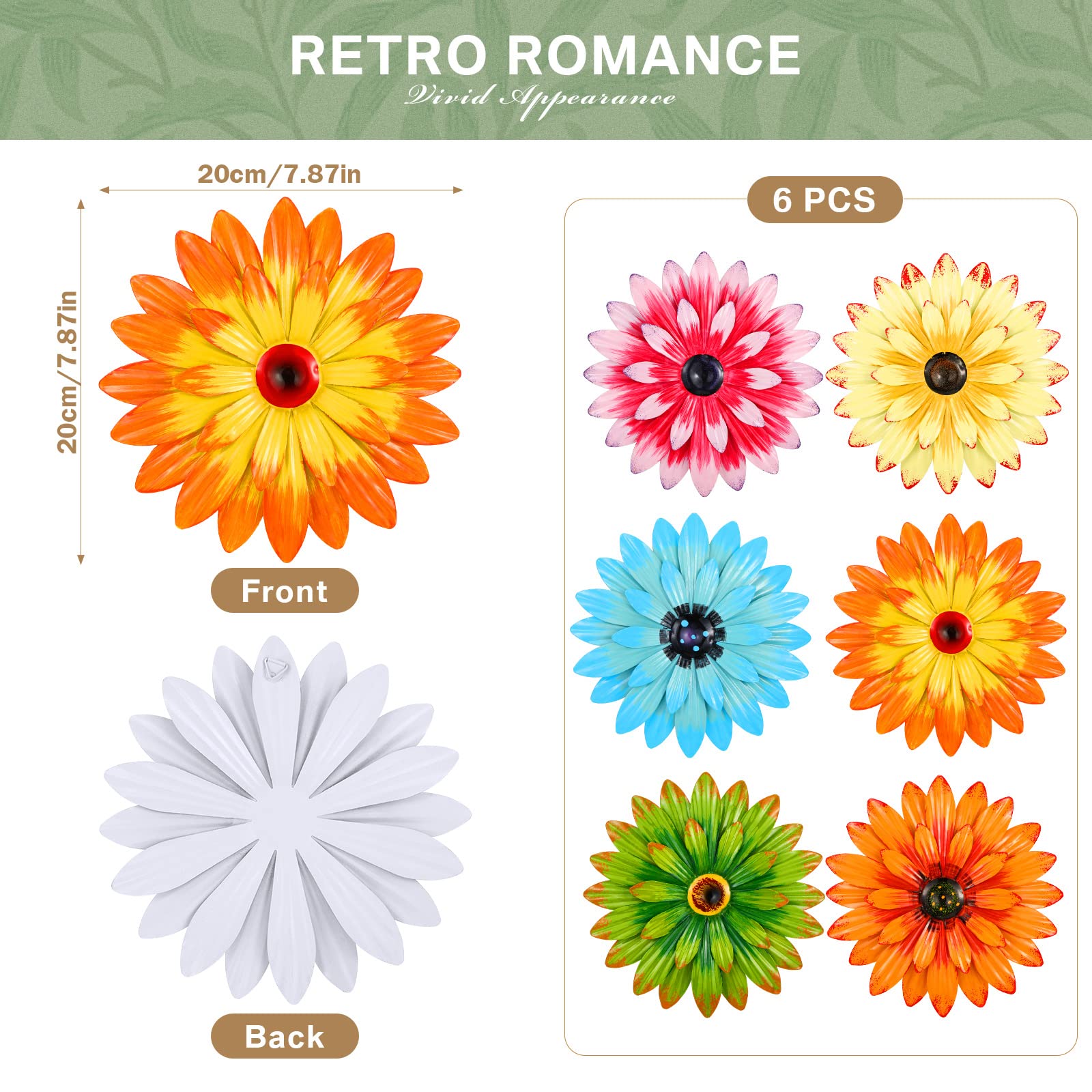 Photect 6 Decoraciones de Pared de Flores de Metal Bohemias Margaritas de Metal en 3D de Múltiples Capas Arte de Flor Colgante de Pared para Exterior Hogar Jardín Patio Salón Baño, 21 cm