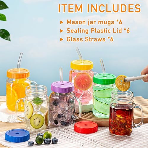 Miniatura 3 de Tarros Mason con asa, paquete de 6 vasos de 16 onzas con tapa y pajita, tazas de tarro Mason de boca regular para café helado, batido, tapas