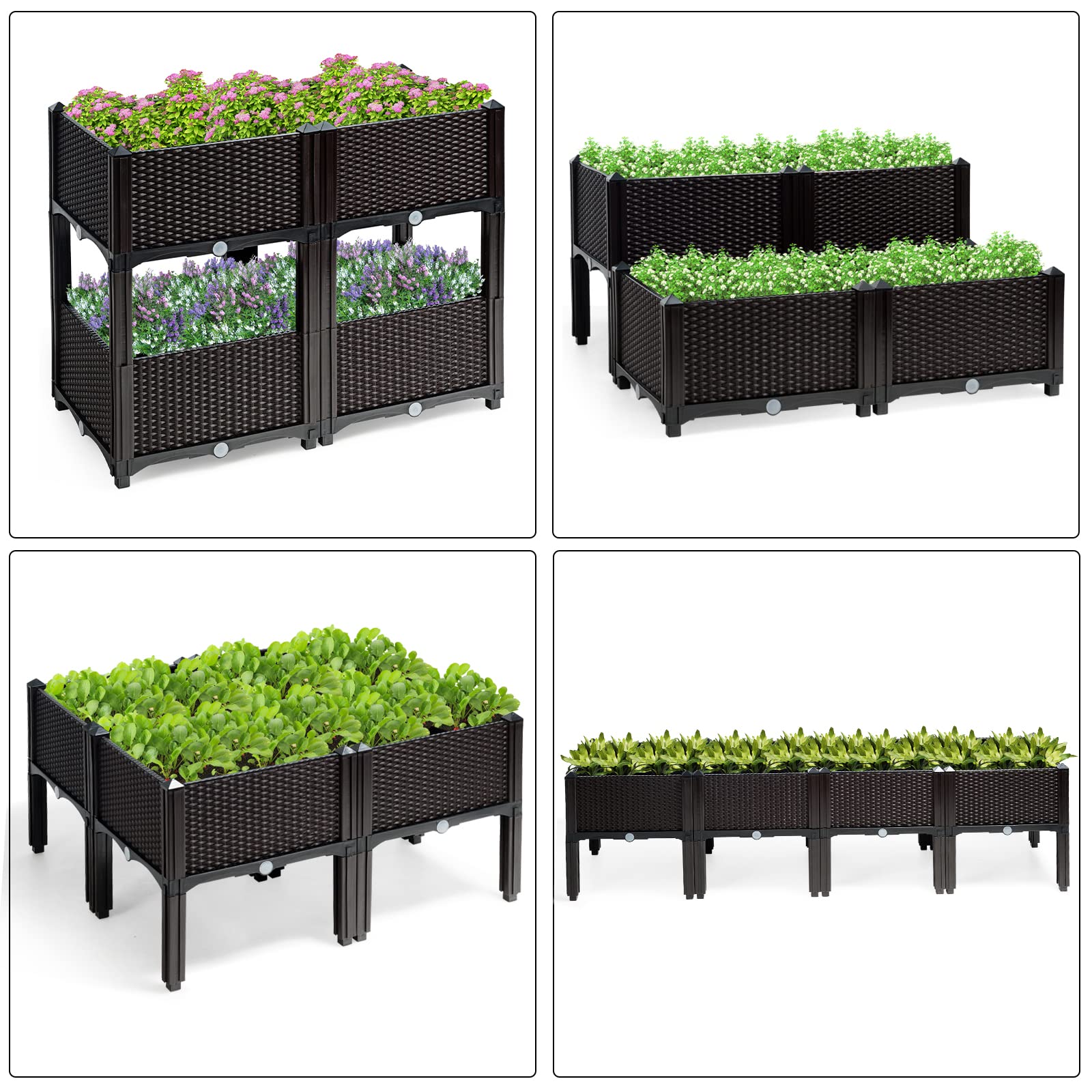 GOPLUS 4-Blumentopf Set, Erhöhtes Gartenbeet mit Wasserspeicher & Entwässerungsloch, stehender Blumentopf mit Abnehmbarer Füße, Blumenkasten für terrasse & Garten & Balkon, Quadratisch 40x40 cm